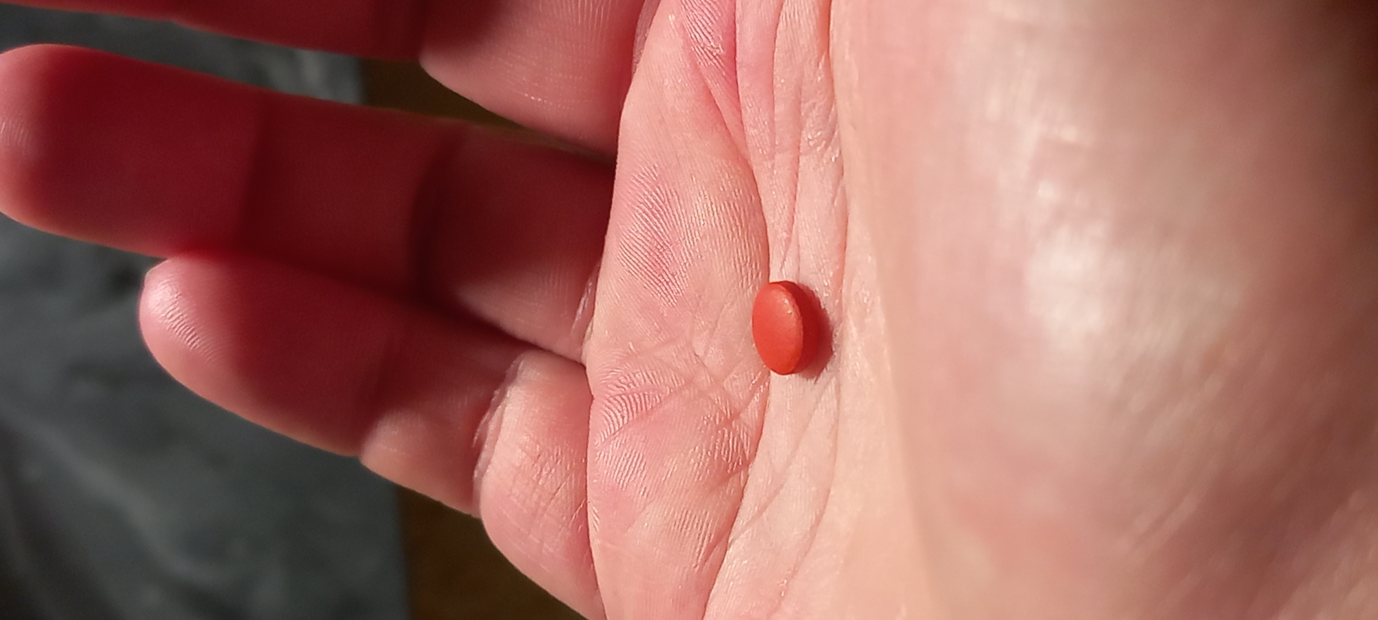 A close-up, eye-level shot features a person's left hand, with the palm facing upwards. Resting centrally on the palm is a single, small, oval-shaped pill, distinctively red in color. The skin of the hand displays intricate lines and creases across the palm and fingertips, indicating sharp focus on the hand and the pill. The fingers are gently curled, creating a natural cradle for the medication.
The lighting is soft and diffused, casting subtle shadows that highlight the contours of the fingers and palm without being harsh. The background is dark and heavily blurred, rendering any environmental details indistinct and ensuring the hand and pill remain the primary focus of the image. The scene appears to be illuminated by natural daylight, possibly indirect or filtered, given the absence of strong, direct sunlight. No specific activity is depicted beyond holding the pill. There is no visible text present in the image. This scene is located in Kryvyi Rih, Ukraine.