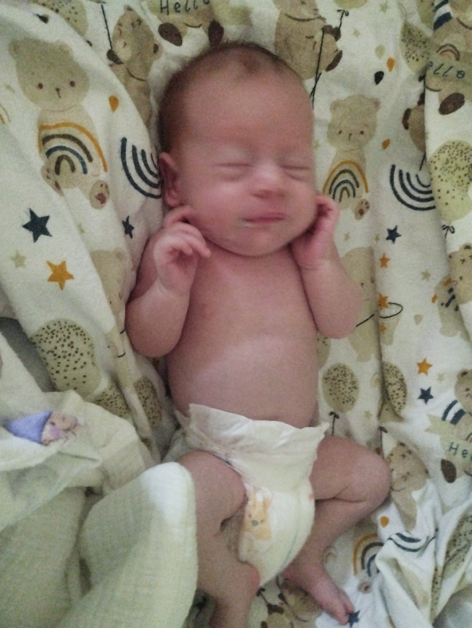 The image shows a close-up, overhead view of a newborn baby lying on a patterned blanket. The baby is wearing a diaper and appears to be asleep, with eyes closed and hands near its face. The blanket has a repeating pattern of teddy bears and rainbows. The overall impression is one of a domestic, indoor setting, likely a nursery or bedroom. The image does not contain any information that would allow for localization to Kamianets-Podilskyi, Ukraine, or any other specific geographic location.