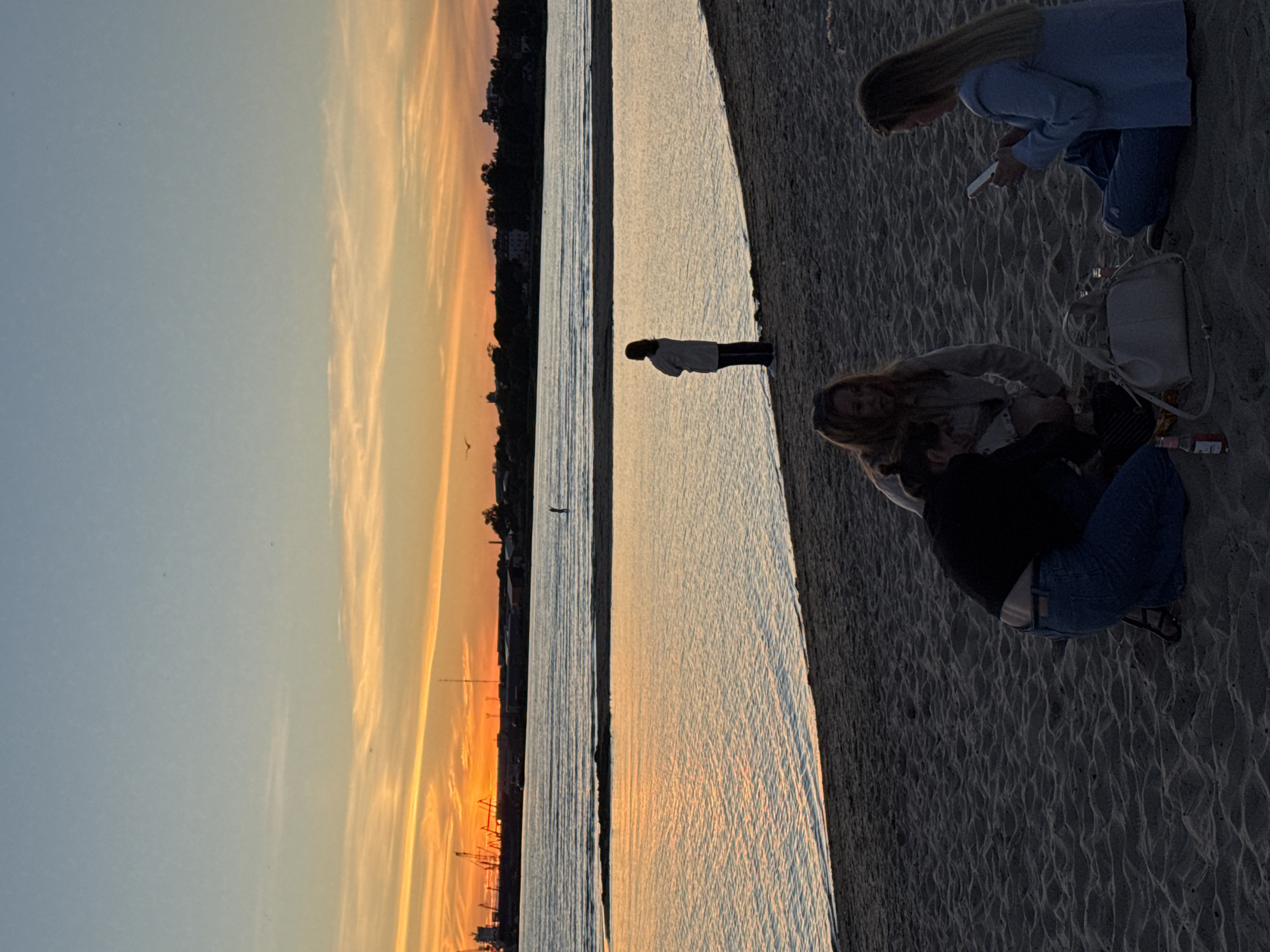 The image depicts a twilight scene on a sandy beach in Tallinn, Estonia, overlooking a body of water. In the foreground, three individuals are seated on the sand. One person, wearing a black jacket and blue jeans, is crouched down. Another, with blonde hair, is sitting with their legs crossed, holding a mobile phone. A third person, also with blonde hair, is looking away from the viewer. A light-colored bag and a bottle are also visible on the sand.
In the middle ground, a lone figure stands on the shore, facing away from the camera. The water is calm, with gentle ripples reflecting the sky. In the background, a silhouetted cityscape with cranes and industrial structures is visible along the horizon, characteristic of the Tallinn port area. The sky displays a gradient of colors, transitioning from a pale blue at the top to warm oranges and yellows near the horizon, indicative of a sunset. A few birds are visible in the sky.