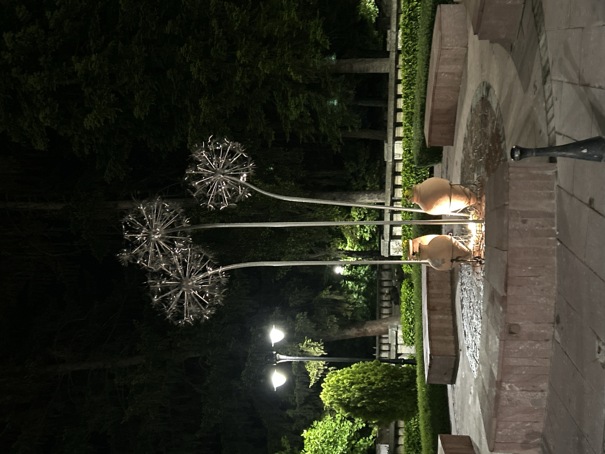 The image shows an outdoor scene at night in Veliko Tarnovo, Bulgaria. Three stylized metal dandelion sculptures on curving metal stems are illuminated, positioned near a stone fountain with two earthenware pots. Water flows from the pots into the fountain. Street lamps illuminate the area, revealing greenery including trees and shrubs in the background. A stone wall with tiered ledges is visible along the side of the scene, part of the surrounding landscape architecture.