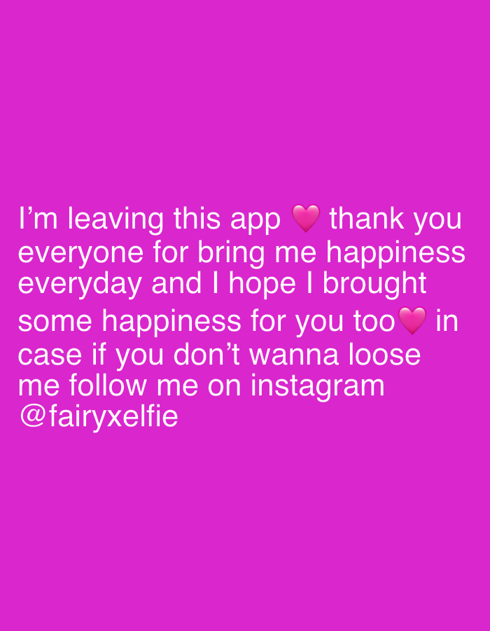 The image displays text overlaid on a solid magenta background. The text reads: "I'm leaving this app thank you everyone for bring me happiness everyday and I hope I brought some happiness for you too in case if you don't wanna loose me follow me on instagram @fairyxelfie". The text is white and includes two pink heart emojis. There is no discernible content relating to the city of Oviedo, Spain.
