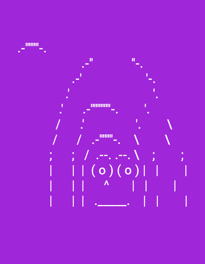 The image features a large, complex piece of ASCII art rendered in white against a solid, vibrant purple background. The artwork depicts a stylized, symmetrical character or creature, centrally positioned and occupying a significant portion of the frame. It features multiple arched forms extending upwards and outwards, suggesting limbs or antennae. A distinct, abstract face is formed in the lower central area, comprising two circular 'eyes' made of `(o)(o)`, a triangular 'nose' represented by `^`, and a horizontal line `_____` serving as a 'mouth'. The rest of the figure is constructed using a variety of punctuation marks, dashes, and vertical lines, creating an intricate, graphic appearance. There are no other subjects, objects, discernible settings, or activities depicted. The image is a static, digital illustration.