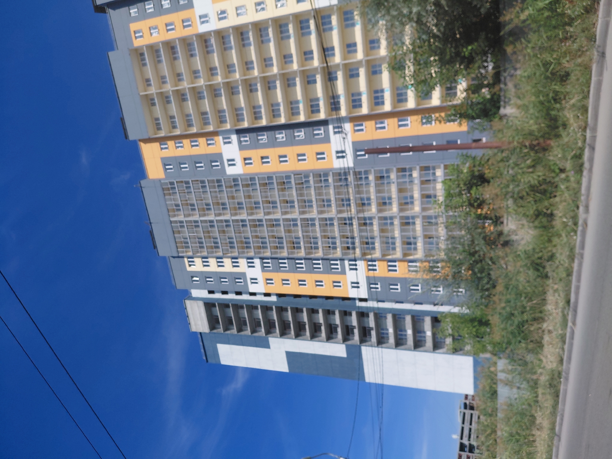 A tall, multi-story residential building under construction is visible against a clear blue sky. The building features distinct sections with varying color schemes, including gray, white, and orange. Numerous windows and balconies are visible across the facade. In the foreground, there is a strip of green vegetation, including tall grasses and trees, bordering a paved road. Power lines are strung across the upper portion of the image. The scene suggests an urban or suburban environment in Novosibirsk, Russia, during daylight hours.
