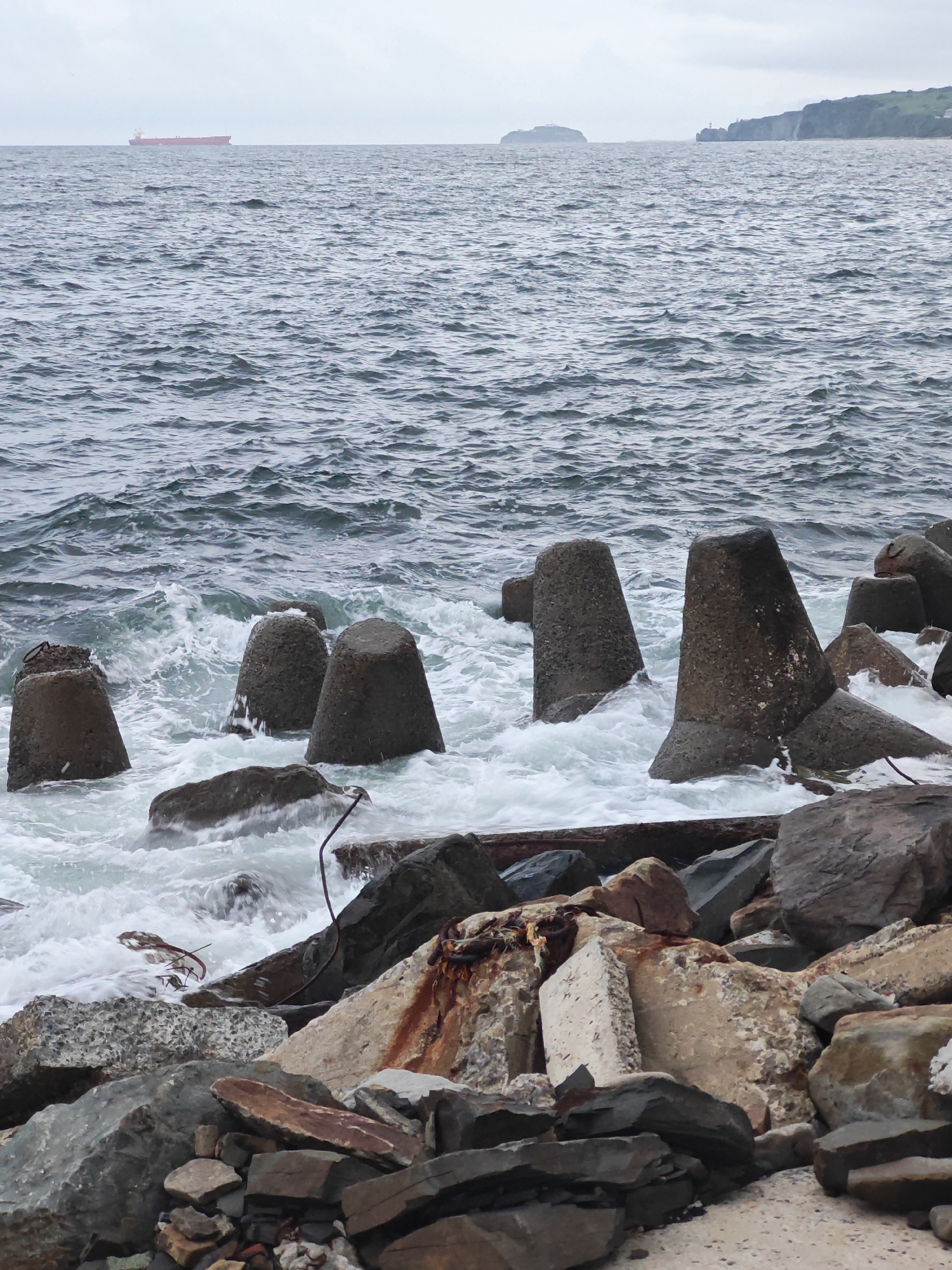 This is a photograph of a rocky shoreline in Vladivostok, Russia. The scene is dominated by large, weathered concrete tetrapods and natural rocks, many of which are partially submerged in the choppy, dark gray water. Waves are crashing against the tetrapods and rocks, creating white foam and spray. The foreground is piled with rubble, including broken concrete slabs and rusted metal rebar. In the background, the vast expanse of the sea stretches to the horizon under an overcast sky. Far in the distance, a large, red cargo ship is visible on the water, and a faint outline of a hilly coastline with a small island and a lighthouse can be seen. The overall atmosphere is one of a rugged, industrial, and somewhat bleak coastal environment.