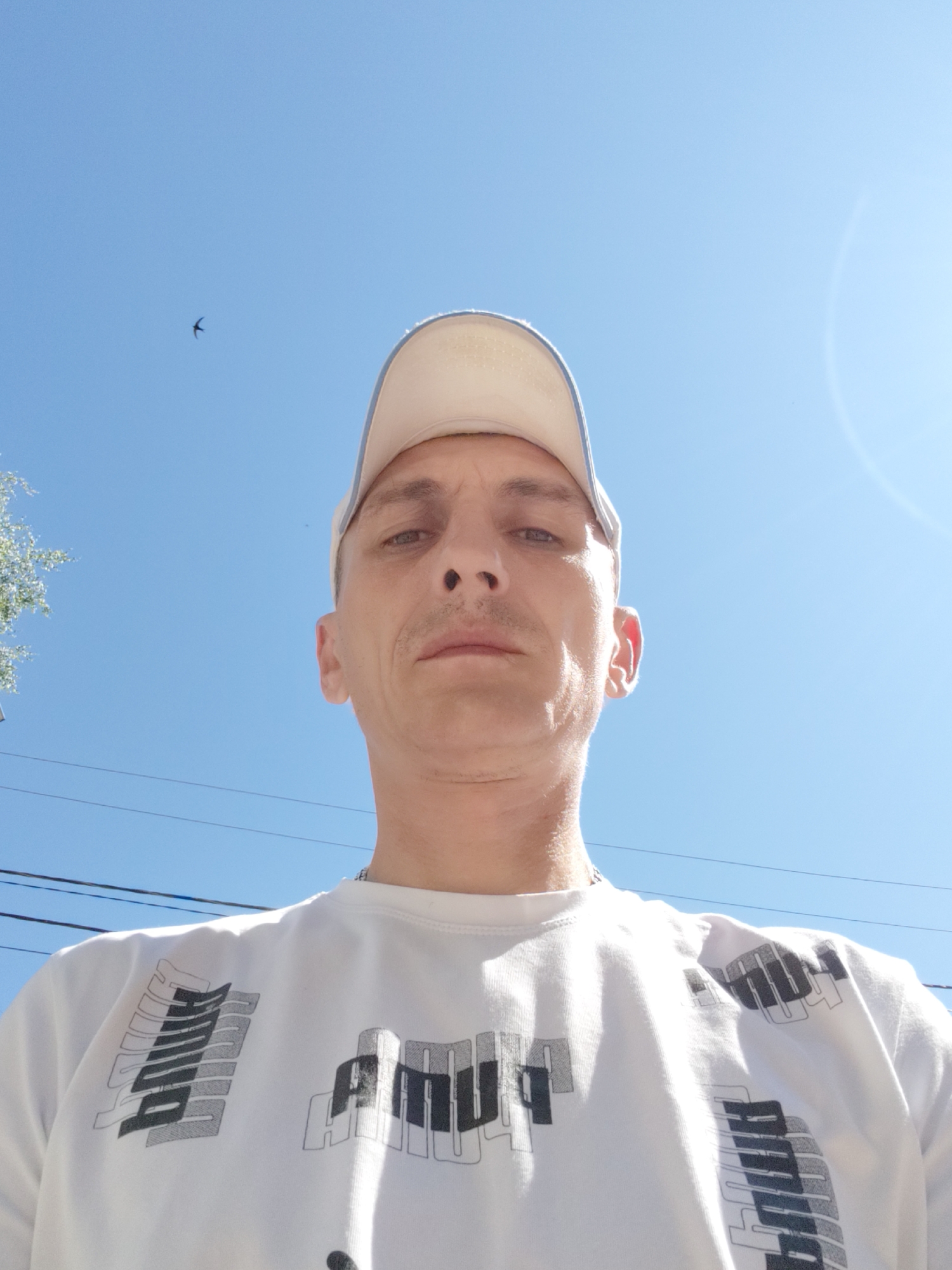A low-angle, medium shot captures a light-skinned male, appearing to be of Caucasian descent, wearing a white t-shirt with a graphic print and a light-colored baseball cap. He is outdoors, with a clear blue sky dominating the background, suggesting a daytime setting. A small bird is visible in flight against the sky, and tree branches are present on the left side of the frame. Electrical wires are stretched across the background. The man's face is the central focus, with a neutral expression. His gaze is directed upwards, towards the camera. The overall lighting suggests bright sunlight. The image's perspective and backdrop indicate an outdoor urban environment, potentially in the city of Bor, Russia.