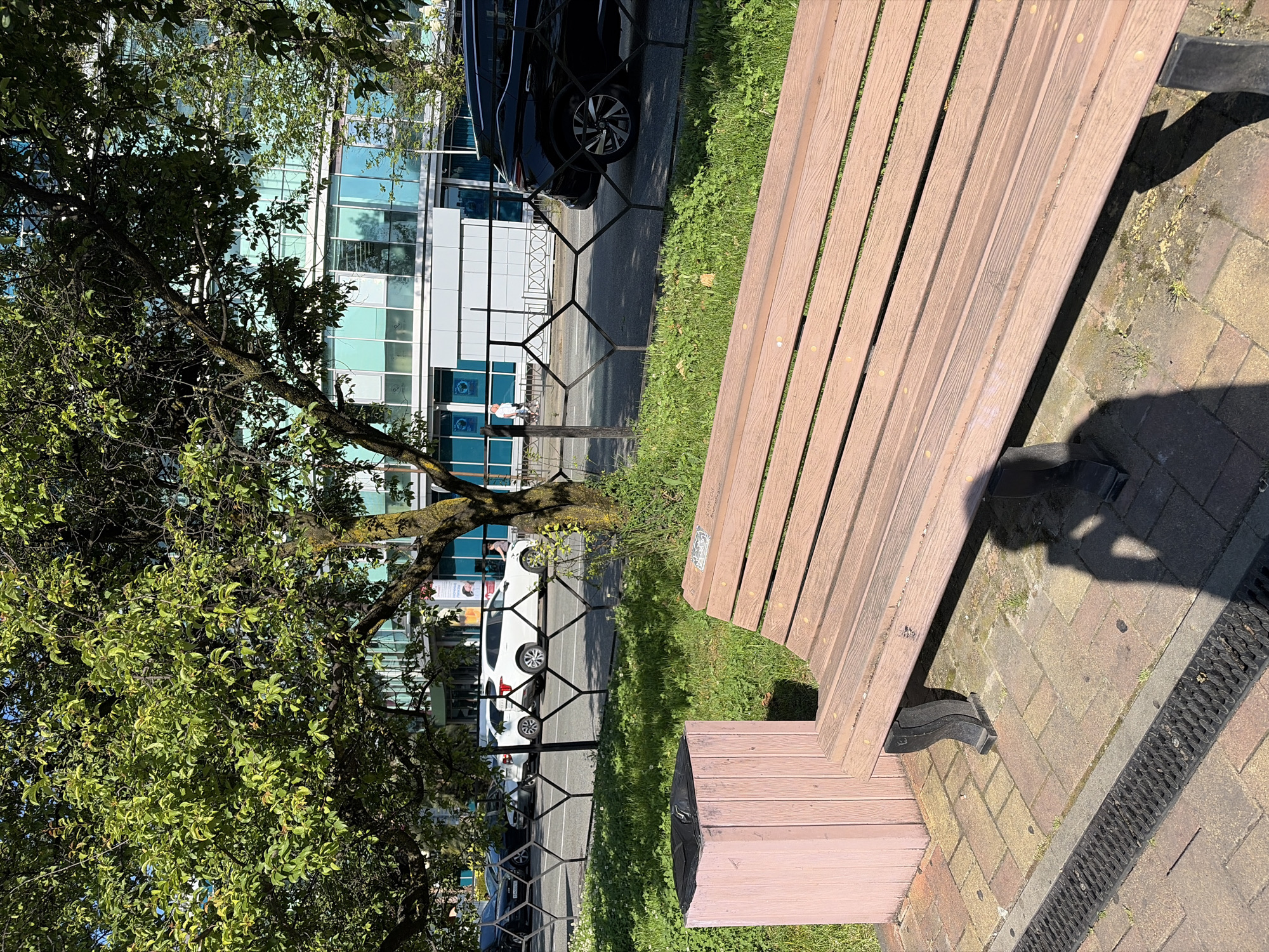 The image presents an outdoor urban scene in Sochi, Russia, captured on a sunny day. A long, light brown wooden park bench with black supports occupies the right side of the frame, resting on a paved area made of brick-like pavers. A patch of green grass is visible to the left of the bench, next to a shorter, pinkish-brown wooden structure. Strong sunlight casts distinct shadows across the paved ground, suggesting it is daytime, likely morning or afternoon. A black metal fence with a hexagonal pattern stretches across the midground, separating the green space from a paved road.
Beyond the fence, several cars are parked, including a black SUV and a white car. A person wearing a white top can be seen near the fence, close to the cars. To the left of the fence and in the foreground, a large tree with dense green foliage and dark, gnarled branches partially obscures the view of the background. In the background, a modern building with numerous large glass windows, tinted blue or green, reflects the sunlight. White or light-colored structural elements are interspersed between the windows. Some windows display circular blue and white logos or signs, which are too small to discern any text but appear to be corporate or institutional branding. A small, light-colored sticker or decal is visible on the backrest of the bench, but its content is illegible. A dark drainage grate is also visible in the paved area to the right of the bench.
