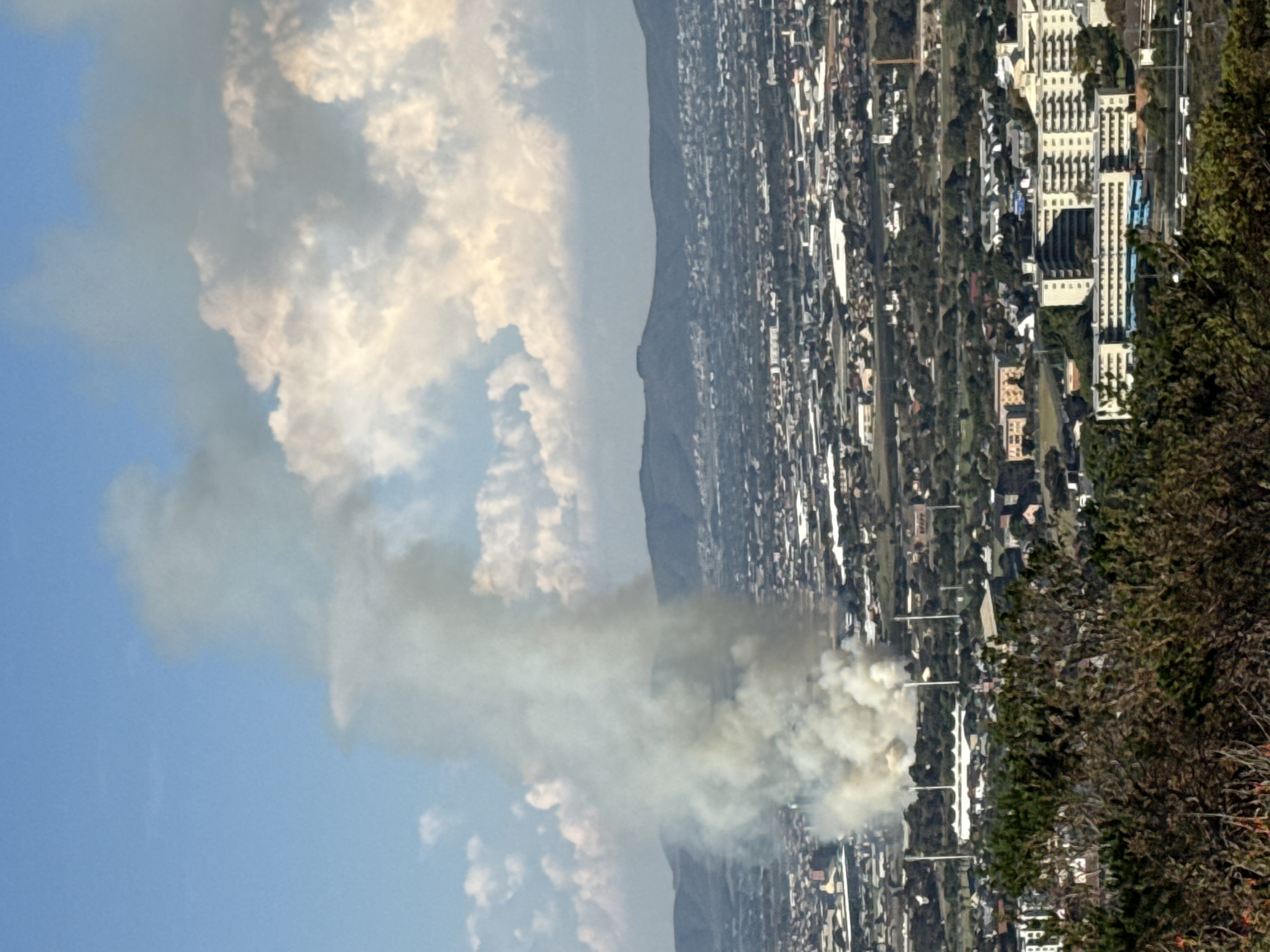 The image depicts a plume of smoke rising over a portion of Cape Town, South Africa. The cityscape is characterized by densely packed buildings, interspersed with green spaces, stretching from the foreground toward a mountain range in the middle distance. Clouds are visible in the sky alongside the smoke, which obscures the immediate vicinity of the city. The perspective suggests an elevated viewpoint. The foreground is blurred by a tree or bush.