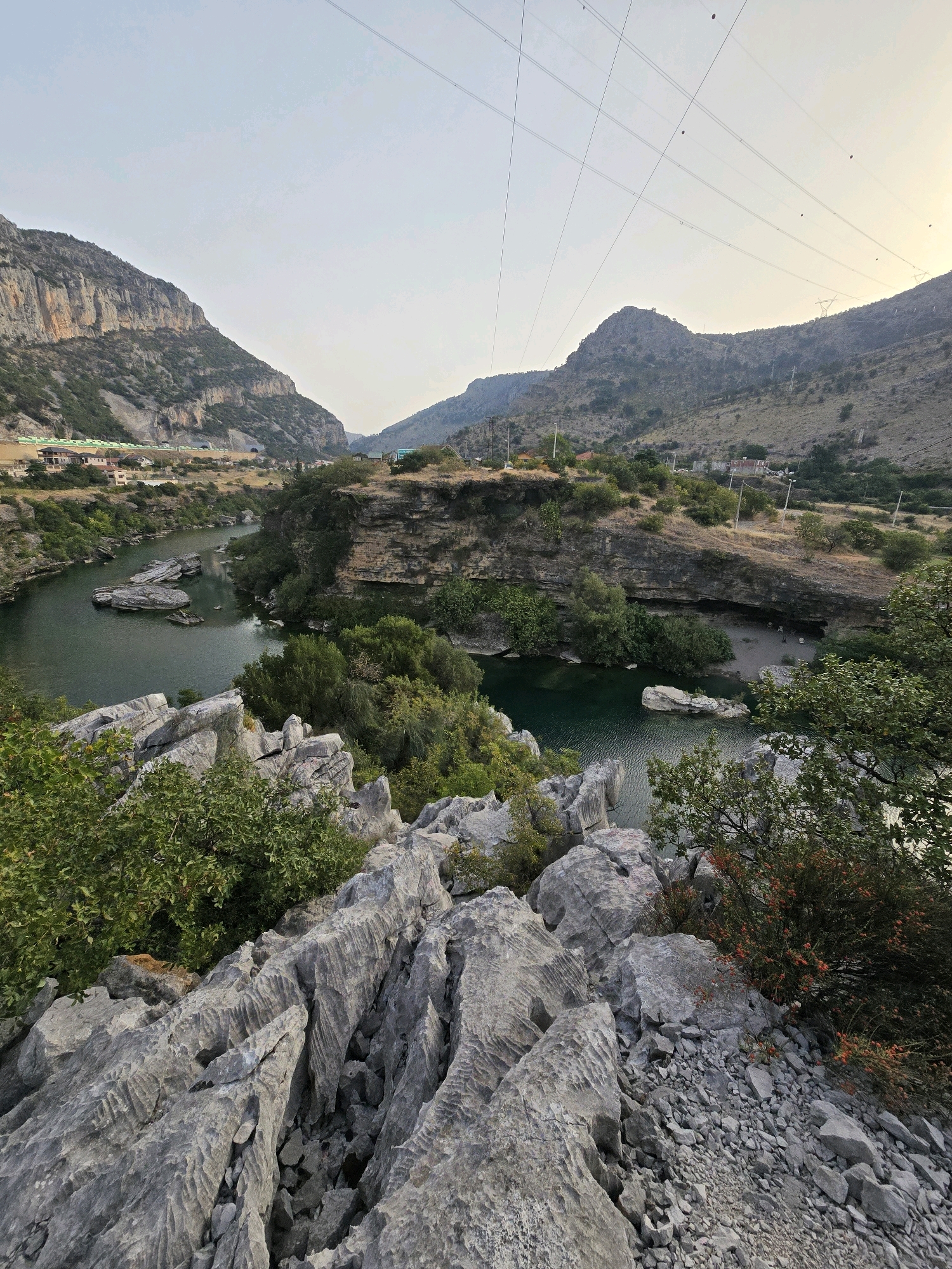 The image shows a panoramic view of the Zeta River canyon in Podgorica, Montenegro. The foreground is dominated by jagged, light-gray limestone rocks covered in sparse vegetation. A winding, dark-green river flows through the canyon, with several large, smooth grey rocks protruding from its surface. On the right bank of the river, dense green trees and shrubs grow, with some small red flowers visible. Beyond the river, the canyon walls rise steeply, covered in dry grass and scrub. In the middle ground, on the left bank, there are a few buildings with red roofs, and further up the slope, a road with what appears to be a tunnel entrance and power lines stretching across the sky. The overall impression is of a rugged, natural landscape with signs of human development.