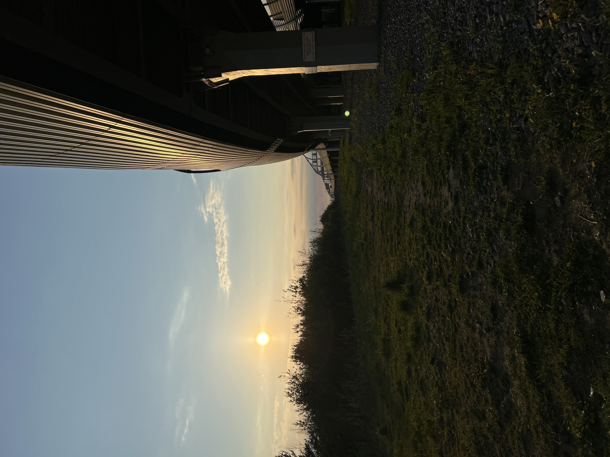 This image shows a sunset scene in Saint Petersburg, Russia. The sun is low in the sky, positioned over a grassy field or embankment. An elevated metal structure, possibly a bridge or overpass, dominates the top of the frame. The structure is ribbed and reflects the sunlight. Vegetation and gravel are visible along the edge of the frame adjacent to the structure. The sky is clear with sparse clouds. A green light is visible further along the metal structure.