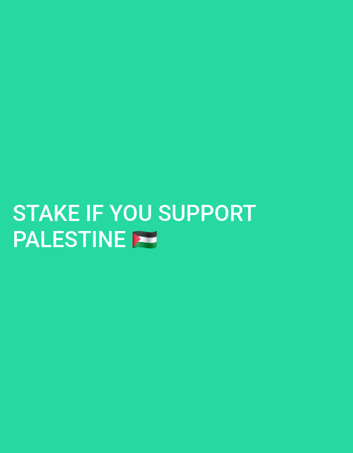 The image is a screenshot of a social media post. It features text overlaid on a solid teal background. The text reads "STAKE IF YOU SUPPORT PALESTINE" in white capital letters. To the right of the word "PALESTINE", there is an emoji of the Palestinian flag. There are no people, objects, actions, interactions, or environmental details visible in the image. The location in the city of Kebalen, Indonesia is not discernible from the provided image.