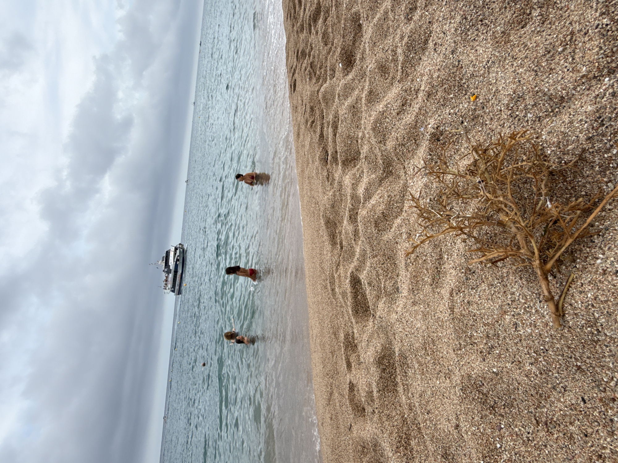 The image captures a beach scene in Blanes, Spain, under an overcast sky. The foreground is dominated by a sandy beach with some dried vegetation. In the shallow water, three individuals are visible, appearing to be swimming or wading. Further out in the sea, a boat with passengers is present. The water is a calm blue-green, and the horizon is marked by a cloudy sky. The overall atmosphere is serene, with a sense of casual recreation by the sea.