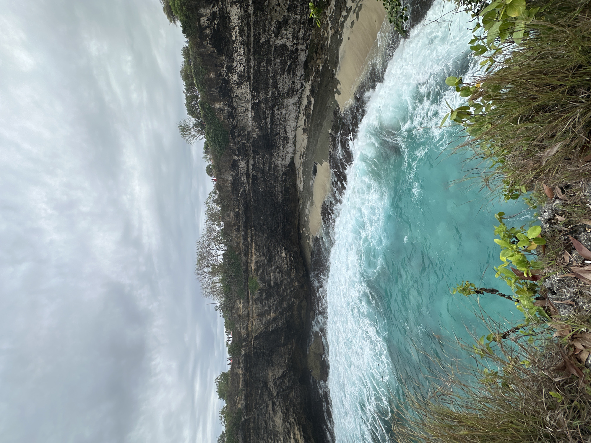 This vertical shot depicts a rocky cliff face on Nusa Penida, Indonesia, descending to a beach where waves crash. The sky is overcast with grey clouds. Small figures of people are visible atop the cliff, while vegetation, including green leafy plants and dry grass, grows on the cliff's edge. The ocean water is a vibrant turquoise, churning with white foamy waves. The orientation is slightly tilted.