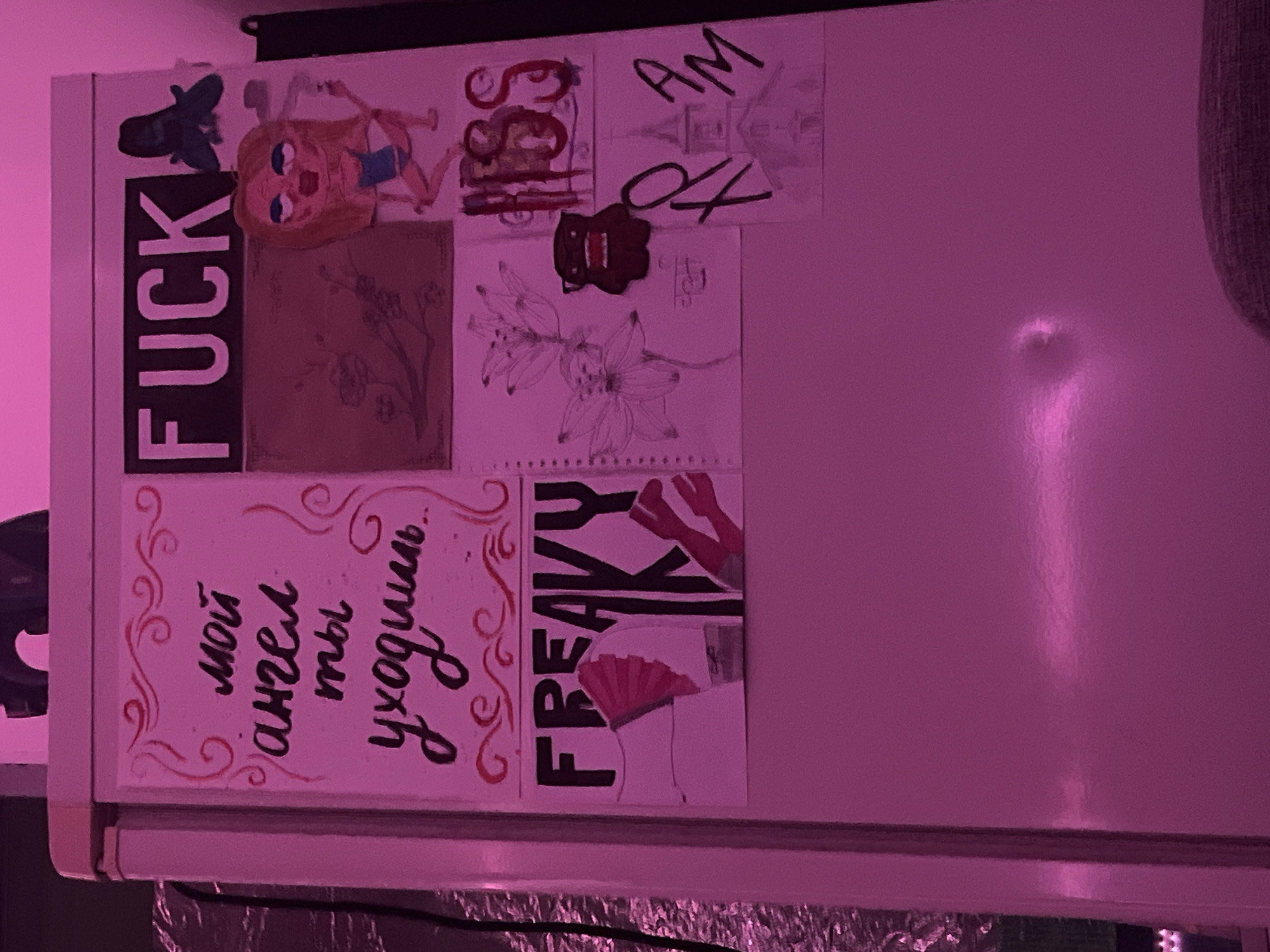 A refrigerator door is covered with drawings and writings. The drawings are arranged in a grid-like pattern and include images of a cartoon girl, flowers, and the word "FREAKY." Some of the writing is in Russian and includes the phrase "мой ангел ты уходишь..." ("my angel, you are leaving..."). The overall lighting is pink, and the scene is set indoors. There is no indication of the location in Saint Petersburg, Russia.