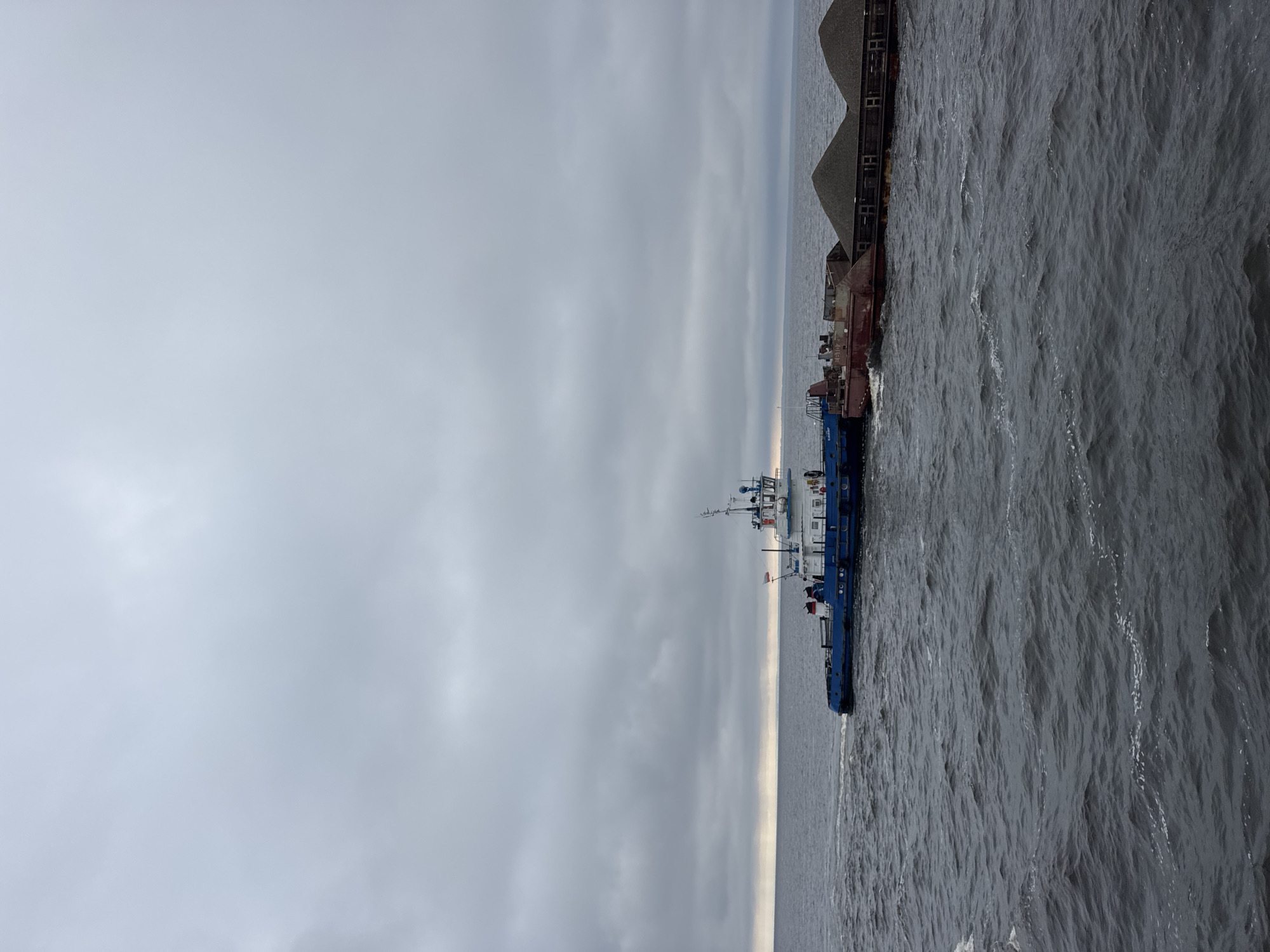 A tugboat is pushing a barge laden with gravel on a choppy, dark grey body of water under a heavily overcast sky. The tugboat is blue and white with a red stripe. The barge is red and appears to be made of metal. The gravel on the barge is piled high in conical shapes. The water is a deep, turbulent grey. The sky is filled with thick, grey clouds, with a sliver of lighter grey visible on the horizon. There are no people visible in the image. The scene suggests a working waterway, possibly on a cold or stormy day. Given the context of Laishevo, Russia, this could be on the Volga River.