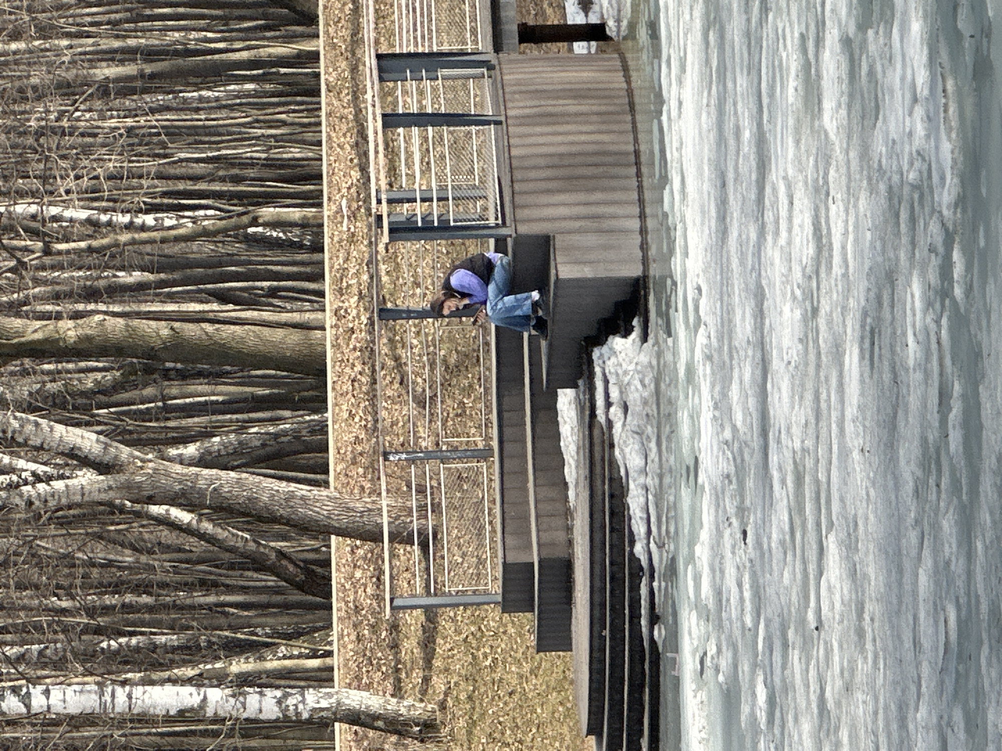 The image depicts a woman sitting on a wooden deck overlooking a frozen body of water, possibly in a park in Moscow, Russia. The woman is wearing jeans and a jacket and appears to be looking at something on the deck. A bare forest borders the deck. The water appears to be covered in thick ice, suggesting it is winter. The deck has metal railings.