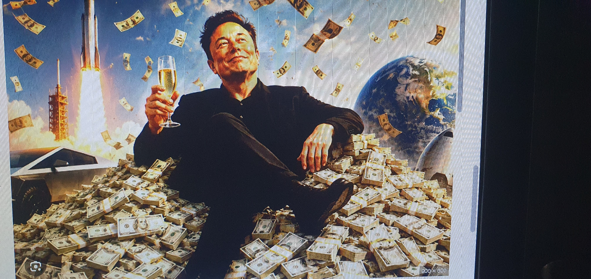 The image displays an artistic rendering of a man, identified as Elon Musk, seated atop a large pile of US dollar bills. He is holding a glass of champagne and looking upwards with a smile. In the background, a rocket is launching, and planet Earth is visible, suggesting a space-related theme. A futuristic-looking car is also present to the left of the frame. Several banknotes are depicted floating in the air. The scene is a composite image, not a photograph of a real location. It is not possible to determine if any part of this image is located in the city of Bat Yam, Israel.