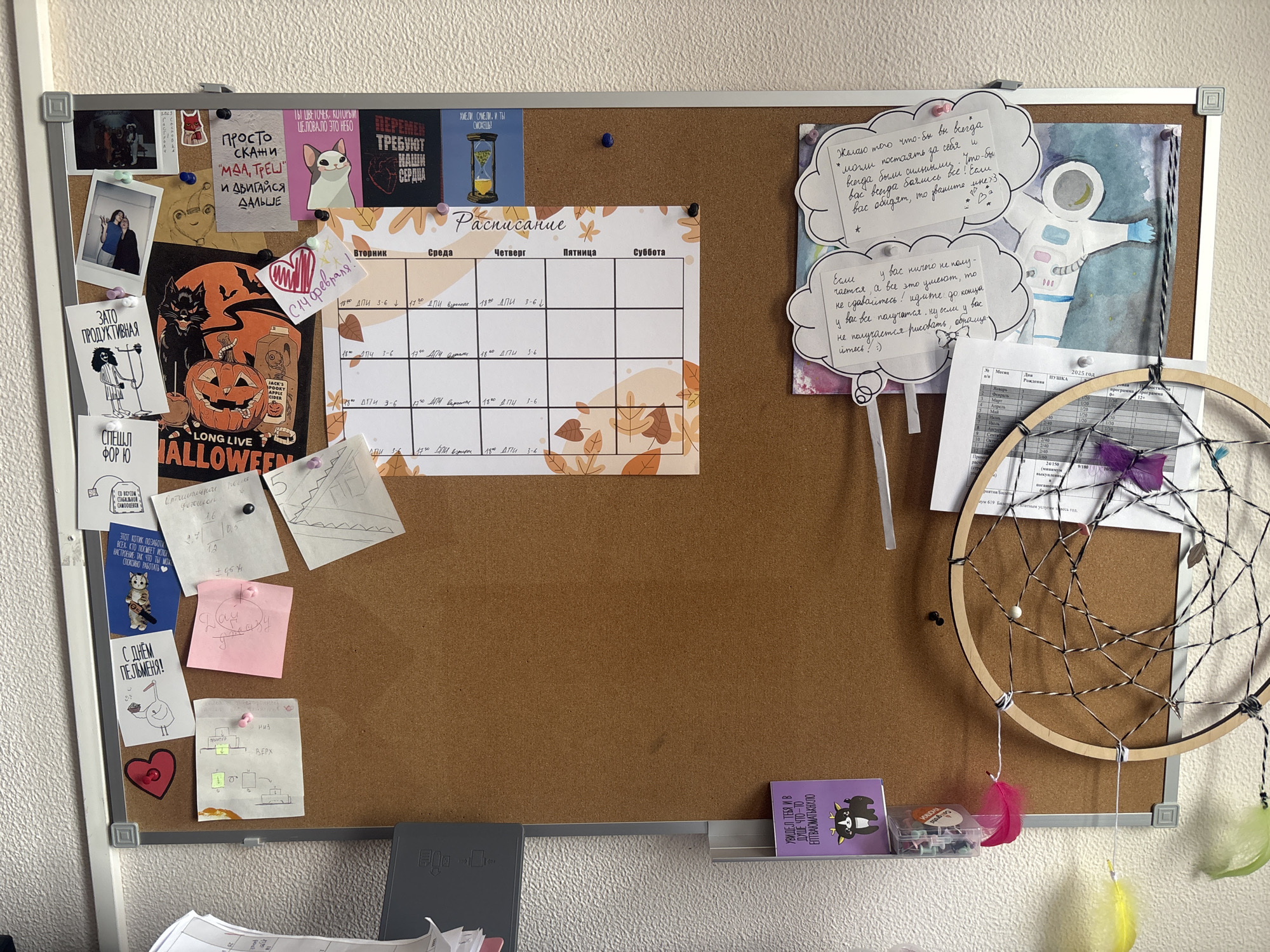 The image shows a bulletin board mounted on a white wall. The board has a light gray frame and is mostly filled with papers, notes, and decorative items. At the top left, there are photographs, stickers with text in Russian, and an illustration of a cat. Below, a Halloween-themed illustration with a black cat and pumpkin is visible. Various handwritten notes and diagrams are scattered across the board, along with a calendar showing a schedule in Russian. On the top right, there's an astronaut illustration with accompanying notes written in Russian, a printed table listing months and associated information, and a dreamcatcher with feathers hanging from it. A small shelf is attached to the bottom of the board, holding books and small items. The general impression is that of a busy, personalized workspace. It is impossible to say whether the bulletin board is located in Верхнеказымский, Russia, or any other place.