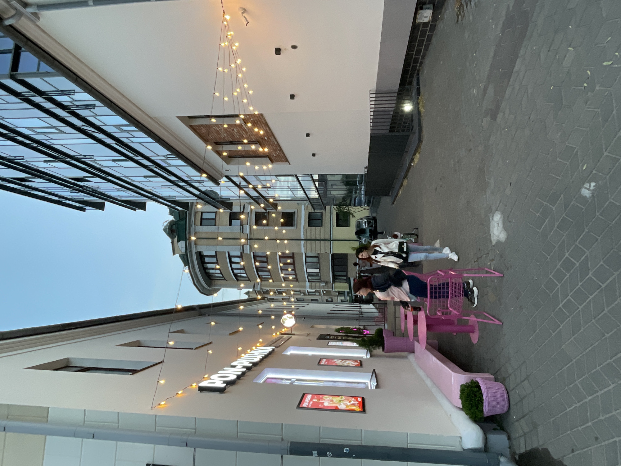 This image depicts an outdoor scene in the city of Brest, Belarus, focusing on a narrow pedestrian alleyway between two buildings. On the left, a light-colored building features the illuminated signage "PON-PUSHKA," indicating a business. Pink outdoor seating, including a bench and tables with chairs, is arranged along the building's facade. A potted green plant is situated next to the bench. String lights with illuminated bulbs are suspended across the alleyway, adding a warm ambiance.
On the right side of the alley, a modern building with a glass facade dominates the upper portion of the image. Below this, a section of a white building with exposed brick accents is visible, also adorned with string lights. Two women are walking away from the camera down the alley. One woman, wearing a white jacket and jeans, is on the right, while the other, in a pink shirt and dark pants, is to her left. A bicycle is visible behind them. The alley floor is paved with interlocking grey bricks. The sky is overcast, suggesting twilight or early evening.