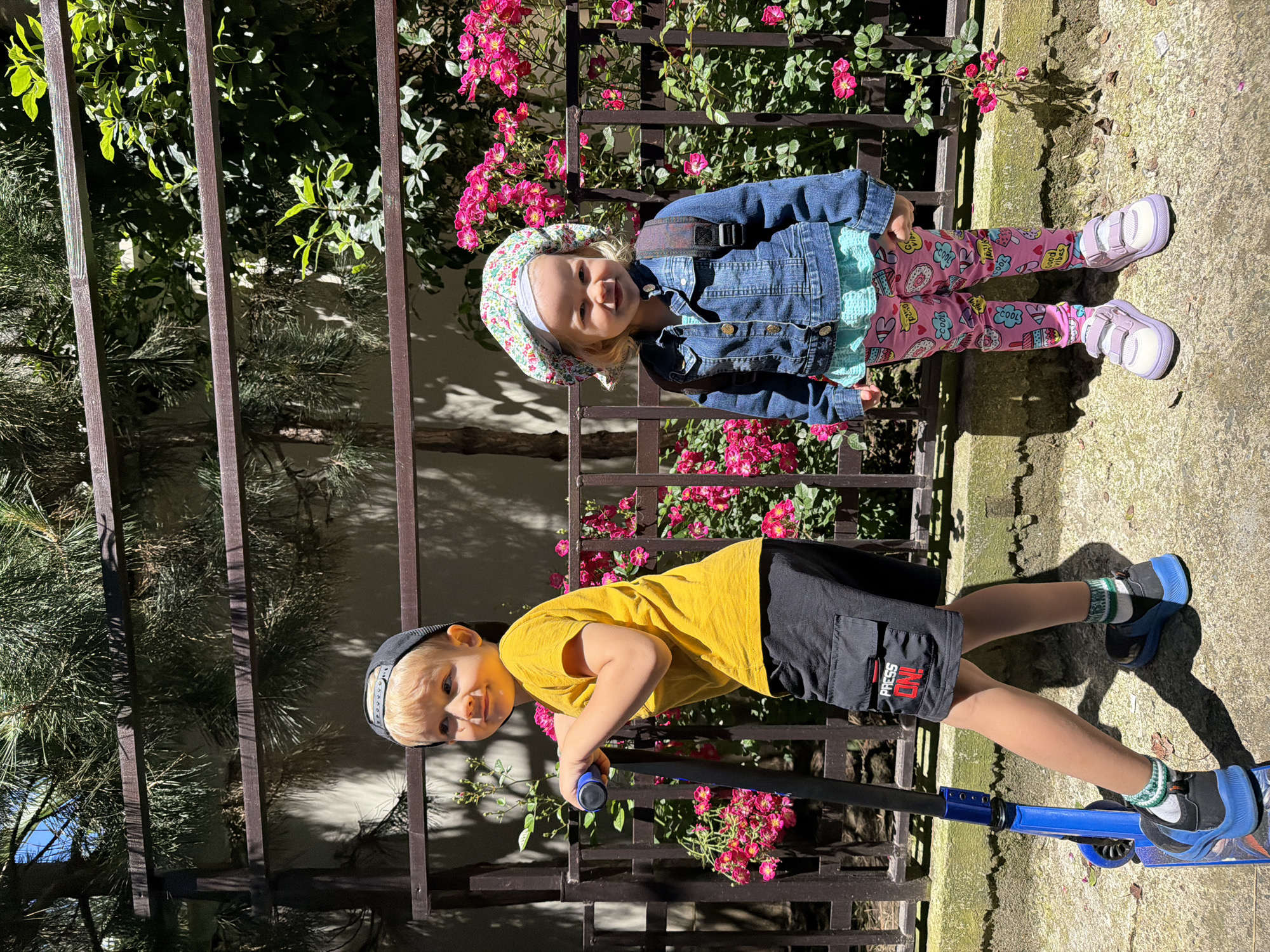 An outdoor, sunlit photograph captures two young children, a boy and a girl, standing next to a dark metal fence adorned with vibrant pink roses and green foliage. The scene is set in what appears to be a garden or paved area, possibly in Sochi, Russia, given the provided context.
The girl, on the right, smiles broadly at the camera. She wears a floral patterned bucket hat over a light headband, a blue denim jacket over a light blue top, and distinctive pink leggings featuring colorful cartoon-like motifs such as donuts, ice cream, and speech bubbles with "GOOD VIBES" text. Her feet are clad in light purple and white sandals. A small black backpack is visible on her shoulders.
On the left, the boy also smiles at the camera, leaning on the handlebars of a blue scooter. He wears a black baseball cap backward, a bright yellow short-sleeved t-shirt, and black shorts with a cargo pocket. On the pocket, white text clearly reads "PRESS ON!". He has green and white striped socks and blue and black sneakers.
Bright sunlight casts distinct shadows on the concrete ground and behind the children, indicating a clear, sunny daytime. Both children appear happy and engaged. The fence posts run vertically, dividing the background, which includes dense green trees and bushes, suggesting a lush environment.