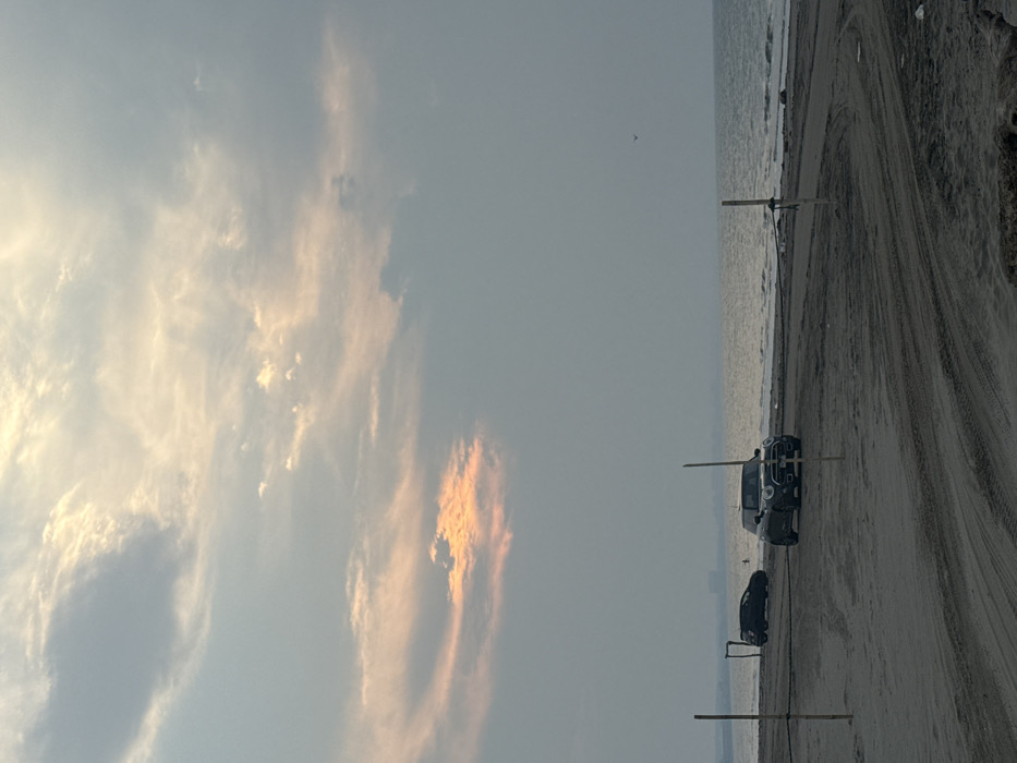 The image depicts a beach scene in Antón Lizardo, Mexico, under an overcast sky during what appears to be late afternoon or early evening. The sky, predominantly muted blue-gray, features a distinct patch of orange-yellow light emanating from a break in the cloud cover in the upper left-center. The horizon line is marked by the expansive ocean, exhibiting minimal wave activity, with faint distant land or city structures visible on the left side of the horizon. A small bird is observed in flight in the upper right quadrant of the sky, above the ocean.
The foreground consists of dark, damp sand with numerous tire tracks indicating recent vehicle movement. Two vehicles are present on the sand. A dark-colored Mini Cooper is parked facing slightly right in the mid-ground. Further back and to the left, closer to the water, a second dark-colored compact hatchback is parked perpendicular to the shore. Several slender poles are planted vertically in the sand: two are prominent in the mid-ground, with the left pole featuring attached rope or twine. A third and fourth pole are visible in the background to the left of the hatchback, near the water's edge, potentially forming part of a temporary structure. A single individual is partially submerged in the ocean, positioned between the two parked vehicles, with only their upper torso or head visible above the water.