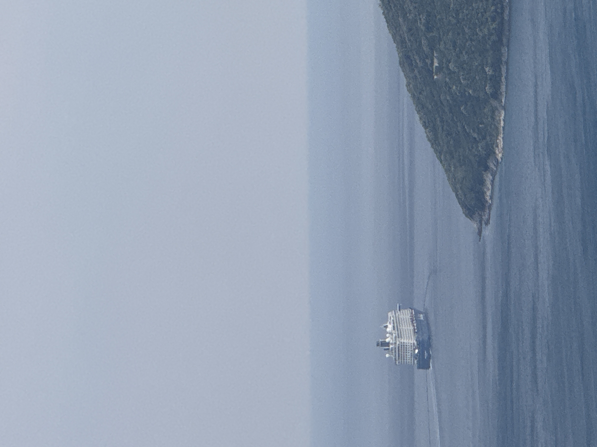A cruise ship is sailing on a calm sea near a green, rocky island. The sky is a hazy blue, suggesting it might be a slightly overcast or misty day. The sun is not directly visible, but the overall lighting indicates daytime. The water is a deep blue, with subtle ripples. The island appears to be a dense forest or vegetation covering a rocky terrain. The cruise ship is white and has a distinctive layered structure with many decks and balconies, indicating it's a large passenger vessel. The ship is moving away from the viewer towards the right side of the frame, leaving a faint wake behind it. The overall scene evokes a sense of travel and exploration, with a tranquil and expansive atmosphere. The location is Igalo, Montenegro, which is known for its coastal beauty and mountainous landscapes, fitting the scene depicted. There is no visible text in the image.