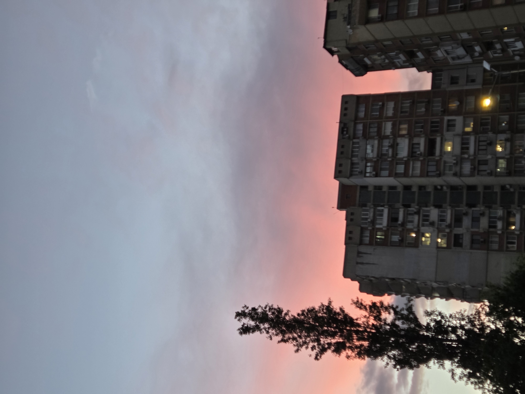 The image depicts a sunset scene in Varna, Bulgaria, featuring residential buildings. The sky transitions from pink to blue as the sun sets. The buildings appear to be older, with many windows and some lights visible in a few. A silhouetted tree is in the foreground, with branches reaching towards the sky. A single streetlight is lit.