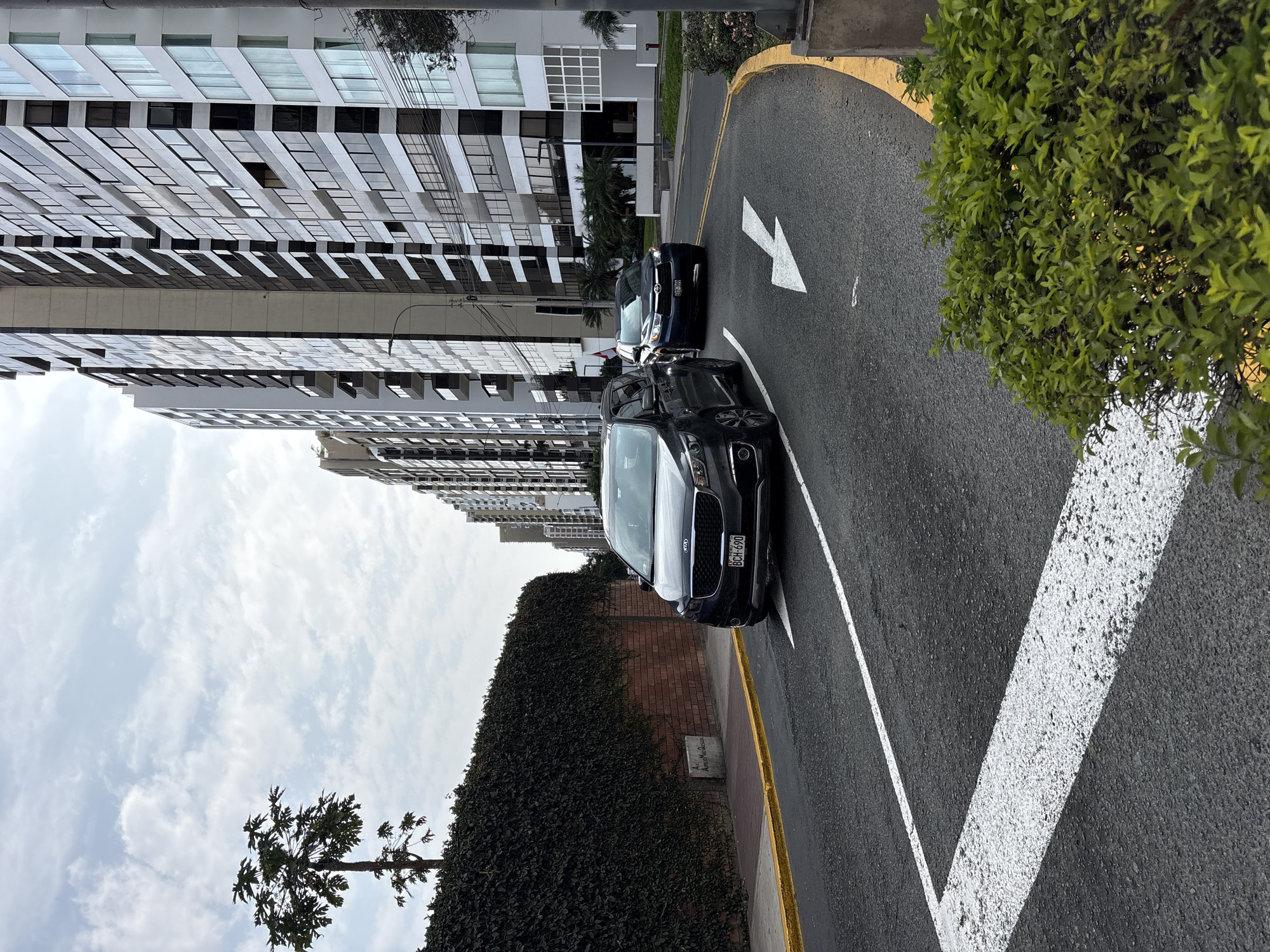 The image captures a street scene in San Isidro, Peru, characterized by modern high-rise buildings and a tree-lined road. A dark gray Kia Carnival minivan is driving on the road, with its license plate reading "BCH-690". A blue SUV is visible further down the road, also in motion. The road has white directional arrows and a yellow border. On the left side of the road, a dense green hedge covers a brick wall, with a slender tree rising above it. The sky is partly cloudy.