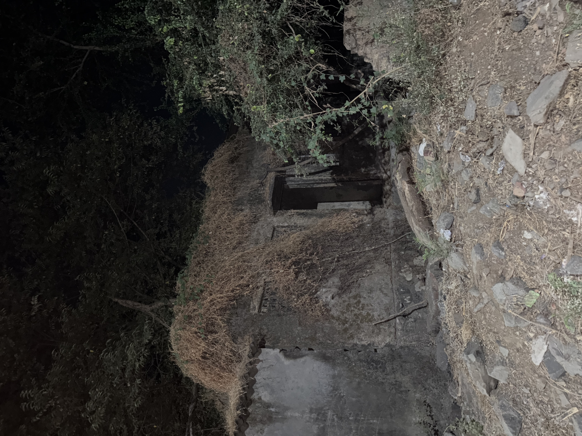 The image displays a dilapidated single-story structure at night, located in Ambernath, India. The building's exterior walls are made of concrete or stone, exhibiting significant weathering, discoloration, and moss growth. A substantial portion of the roof and the upper facade, particularly on the right, is covered with a dense layer of dry, light brown, stringy vegetative matter. The structure features a central, dark, rectangular doorway with a visible frame; the interior beyond is obscured. Two apparent window openings are visible on the front wall, one to the left and one to the right of the doorway, both appearing dark and potentially boarded or grilled. The ground in the foreground is uneven, covered with loose soil, various sizes of grey rocks, dry leaves, and sparse green plant growth. Minor debris, including what appears to be discarded paper or plastic, is scattered near the base of the structure, alongside a horizontal log or thick branch positioned near the doorway. Dense, dark green foliage from trees and bushes heavily surrounds the building, occupying the background and right side of the frame. The overall scene is dimly lit under a dark sky, indicating nighttime conditions. No individuals, actions, or interactions are present in the image.