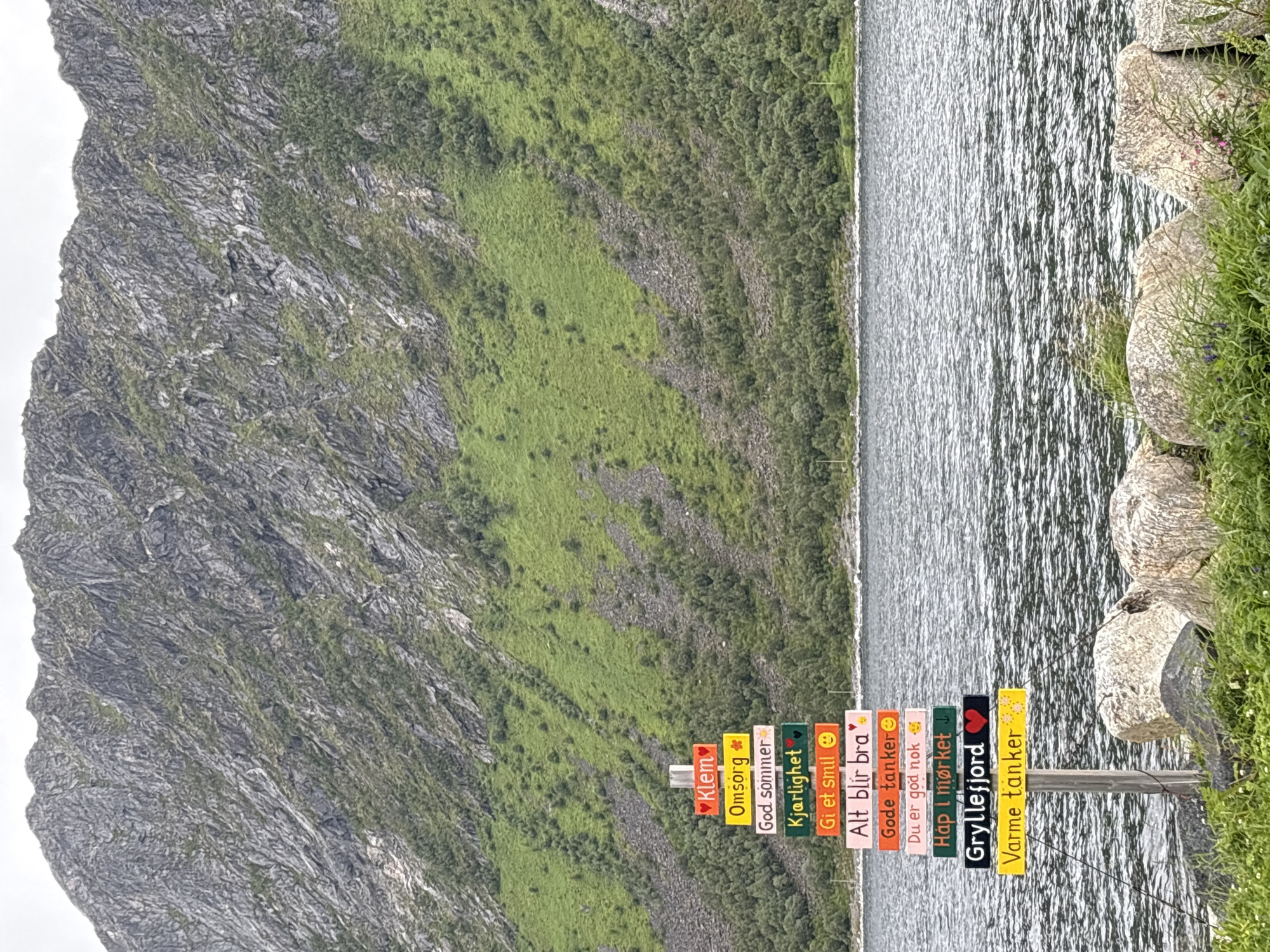 A wooden signpost with multiple colorful planks stands on a rocky shoreline in Gryllefjorden, Norway. The sign planks are inscribed with messages in Norwegian and decorated with small icons. The signpost is situated in front of a body of water, likely the Gryllefjorden itself, with a steep, rocky mountain covered in greenery rising in the background. The sky is overcast. The shoreline is covered with grass and scattered large rocks. No people are visible in the image.