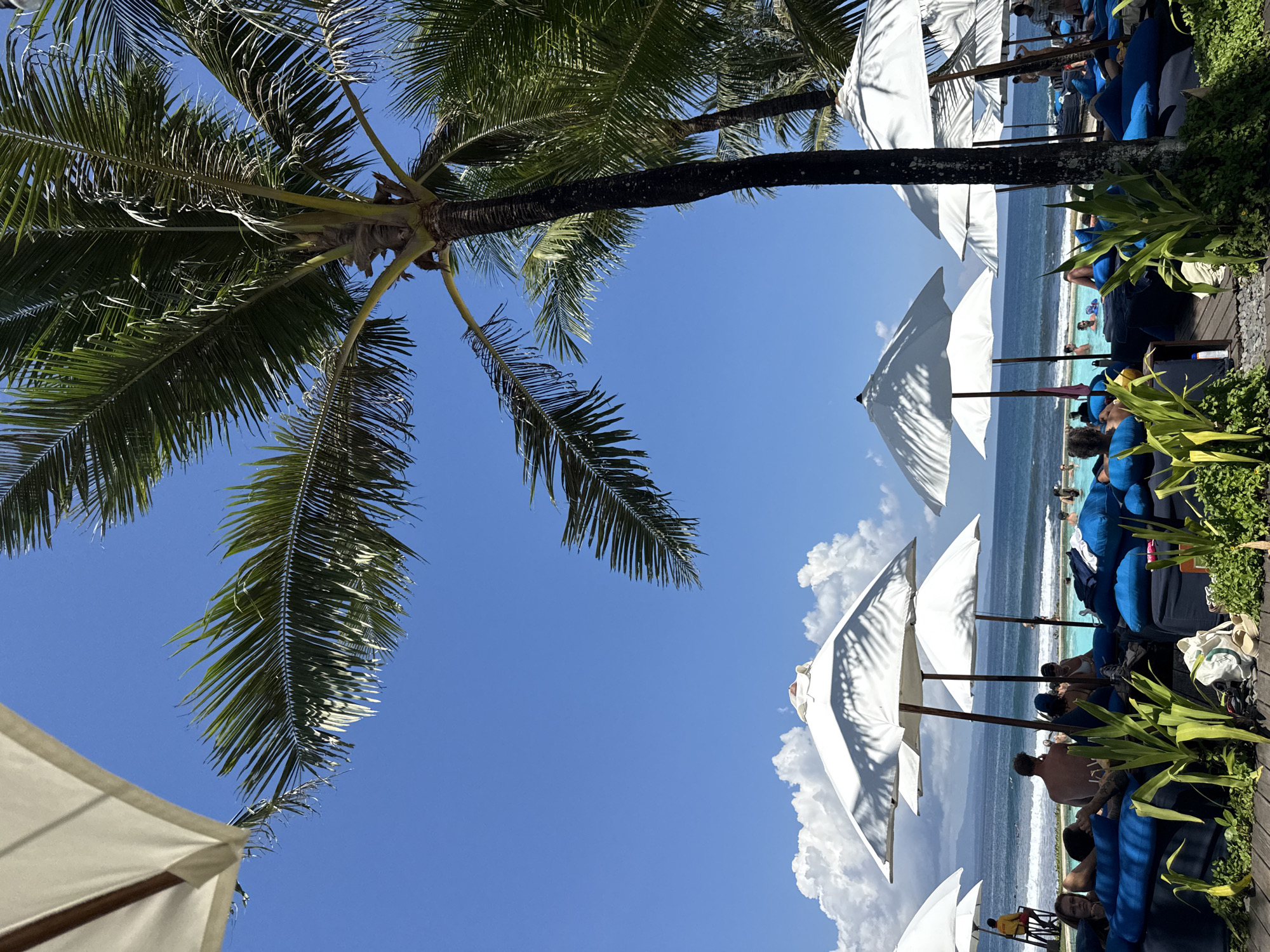 The image shows a beach scene, possibly a resort, in Medahan, Indonesia. The camera is angled upwards, capturing a view of the sky, palm trees, and beach umbrellas. The sky is blue with some white clouds. Several white beach umbrellas are visible, providing shade for people lounging in blue chairs. The ocean is in the background, with people swimming. Lush greenery is present on the right side of the frame. People are lounging on the chairs and in the water.
