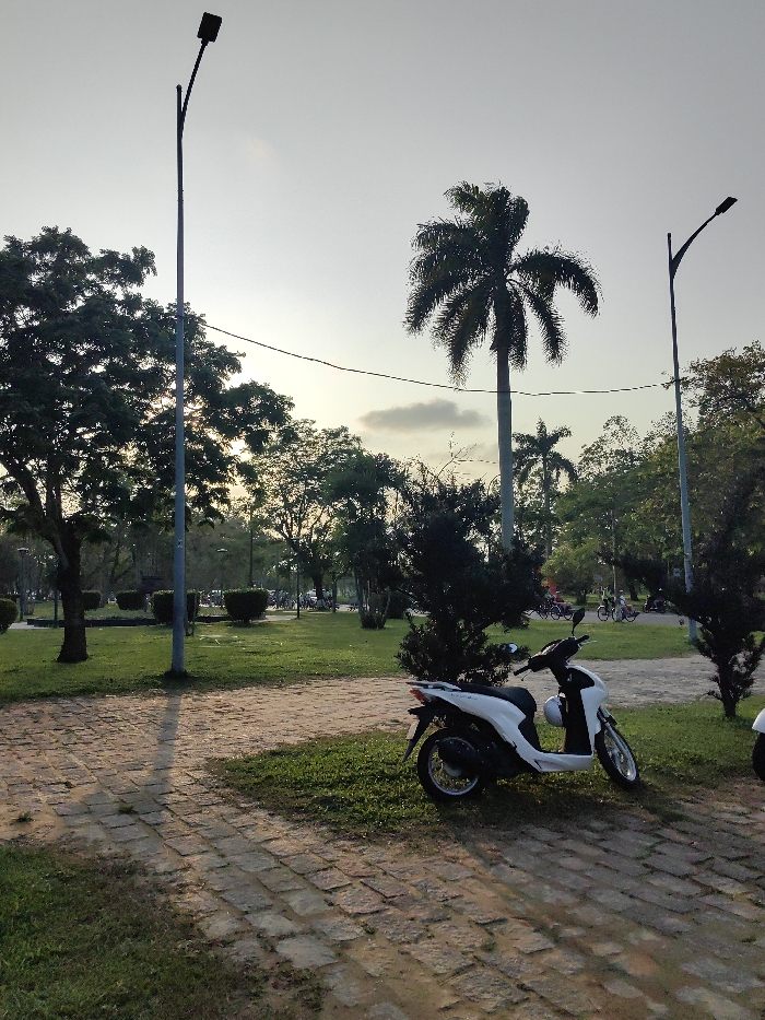 The image depicts an outdoor park scene in Thuận Hóa Ward, Vietnam, under soft, low-angle lighting, consistent with early morning or late afternoon. In the foreground, a white Honda SH scooter is parked on green grass, adjacent to a textured paved pathway made of interlocking bricks. A tall, dark grey street lamp with a rectangular luminaire stands prominently on the left, casting a long shadow diagonally across the pathway. A single dark cable spans horizontally across the mid-ground. A large palm tree with full fronds is centrally located in the mid-ground, surrounded by various other dense green trees and manicured shrubs. In the background, beyond an expanse of green lawn, indistinct human figures are visible near multiple bicycles, suggesting a recreational area. A second, identical street lamp is partially visible on the far right. The sky overhead is a hazy, pale grey.