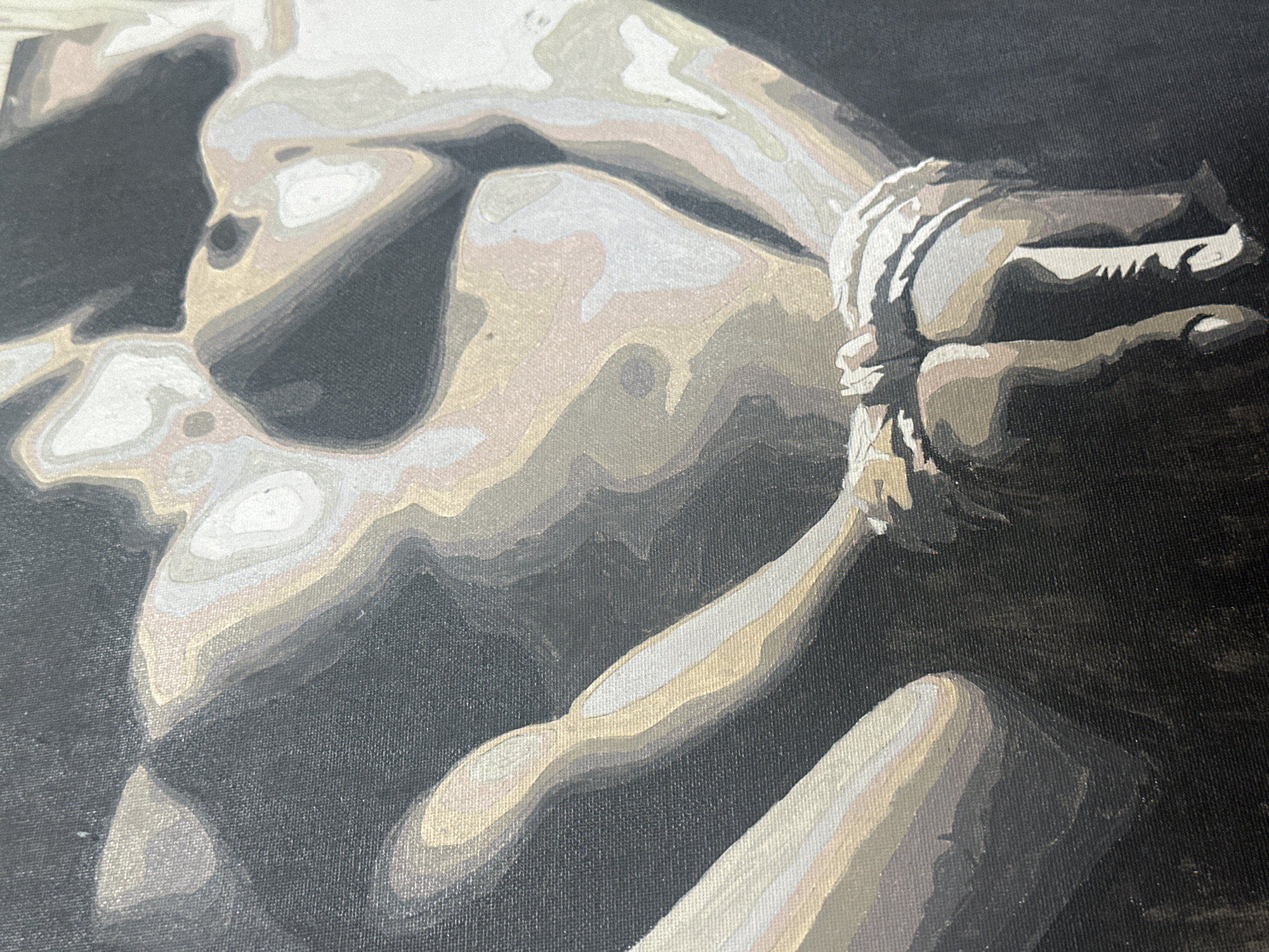 The image is a close-up of a painting or drawing. The subject appears to be a nude figure, possibly female, depicted with arms tied with rope. The artwork features a limited palette of grayscale tones, creating a contrast between the figure and the dark background. The brushstrokes or rendering technique are visible, resulting in a textured surface. The location Высокий, Russia, is not evident from the image.