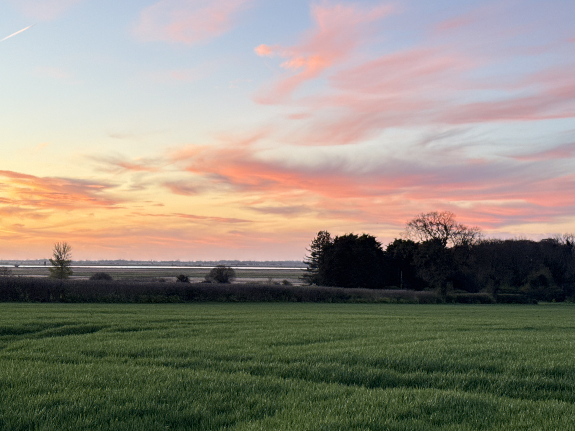 The image captures a serene rural landscape. A lush green field dominates the foreground, with rows indicating cultivated crops. Behind the field, a line of bushes and trees forms a mid-ground barrier, separating the field from what appears to be a body of water in the distance. The sky is filled with clouds, exhibiting a vibrant array of colors from pale blue to yellow and pink, indicative of sunrise or sunset. In the top left corner, a faint contrail suggests the passage of an aircraft. The location is Gorleston-on-Sea, United Kingdom.