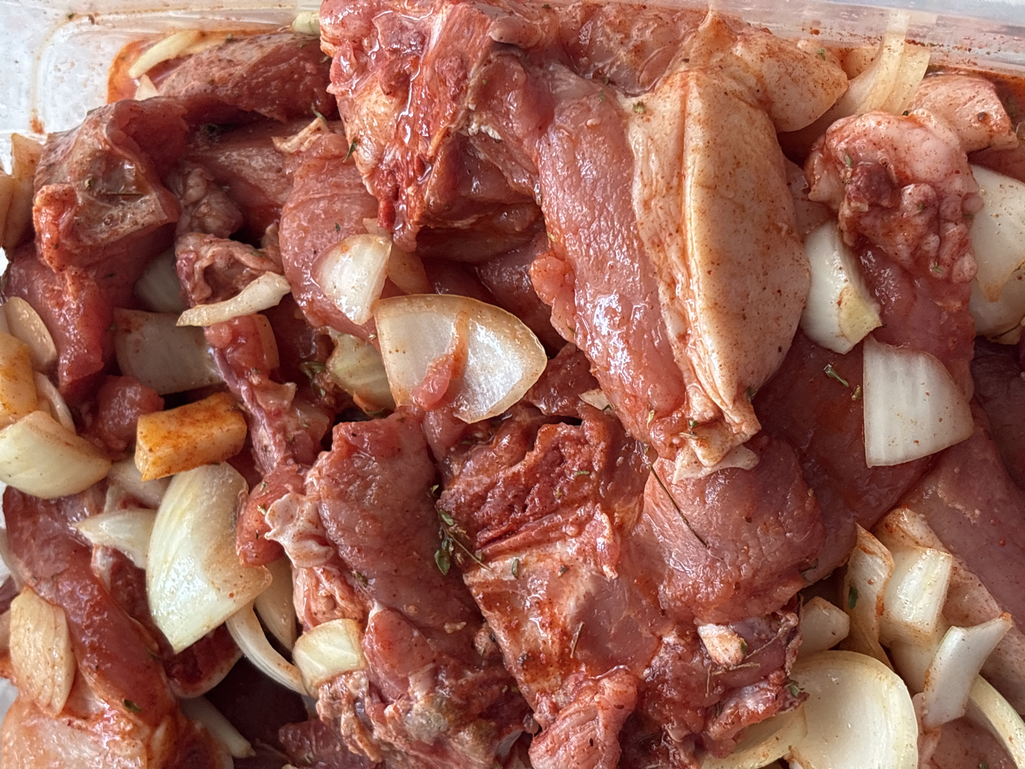 A close-up, overhead shot reveals raw, cut pieces of meat, likely pork or lamb, mixed with generously sliced white onions. The meat and onions are coated in a reddish marinade, visibly seasoned with red spices such as paprika or chili powder, and sprinkled with dried green herbs, possibly thyme or oregano. The meat pieces vary in size and shape, displaying both leaner cuts and some fatty sections, and appear glistening from the marinade. The onions are cut into crescent and irregular shapes, distributed throughout the meat mixture. The ingredients are contained within a clear plastic container, visible along the edges of the frame. The image captures an intermediate stage of food preparation, specifically the marinating of meat. No specific time of day, weather, or discernible location cues are visible within the image itself. There is no visible text. This food preparation takes place in Vagharshapat, Armenia.