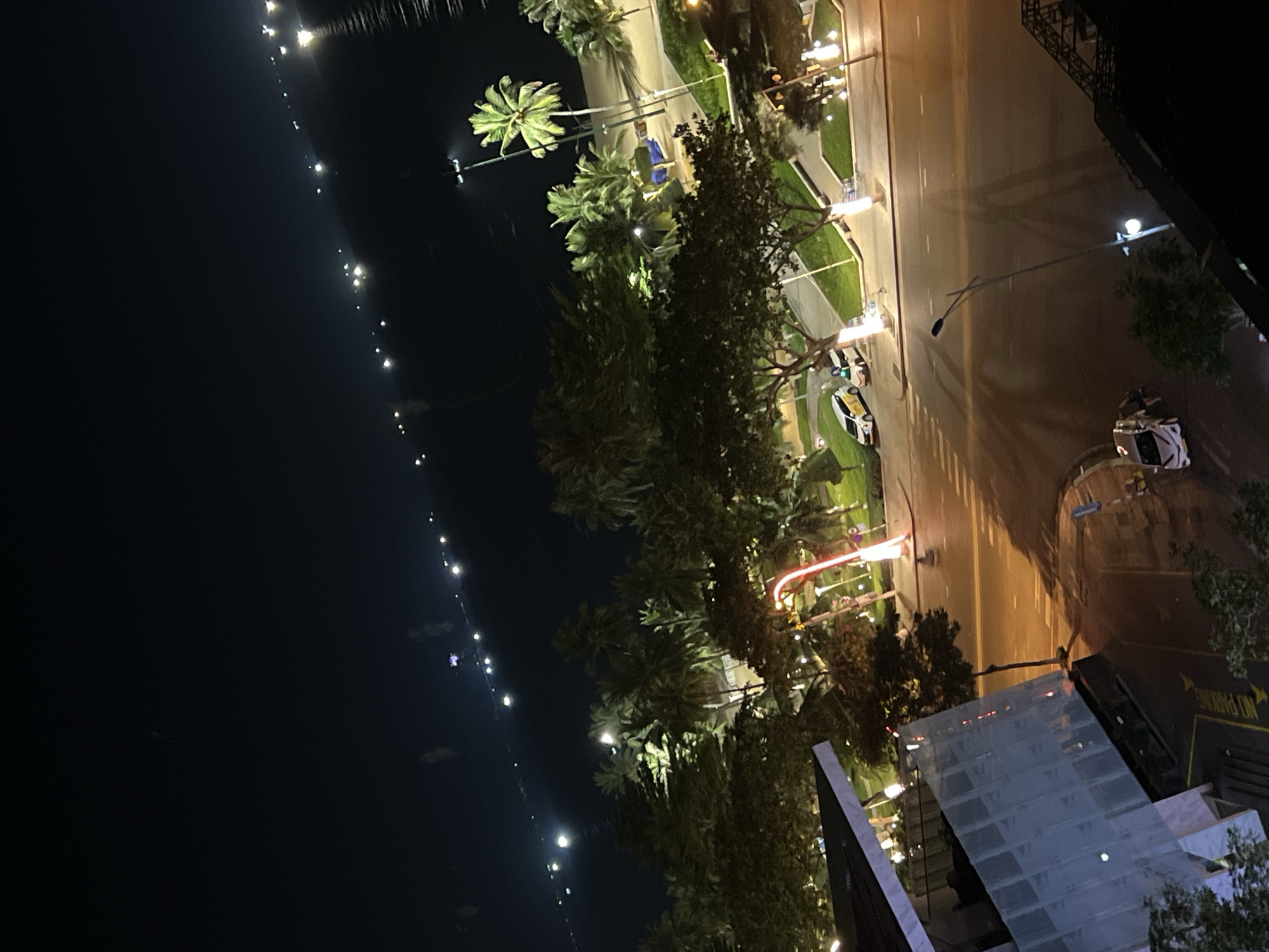 An elevated, night-time view reveals a coastal city scene in Nha Trang, Vietnam. A dark body of water stretches across the upper portion of the frame, dotted with numerous bright lights, possibly representing a distant coastline or floating structures. The middle ground features a vibrant promenade lined with palm trees and lush greenery. A paved road runs alongside the promenade, on which two small white cars are parked. Further down the road, a single tree stands illuminated by a bright, vertical red light, creating an unusual visual effect. In the foreground, a modern building with a partially obscured facade is visible, and a streetlamp casts long shadows across the dark asphalt road below. Another white car is parked on the road in the lower right corner. The overall atmosphere is one of urban nocturnal activity with a tropical influence.