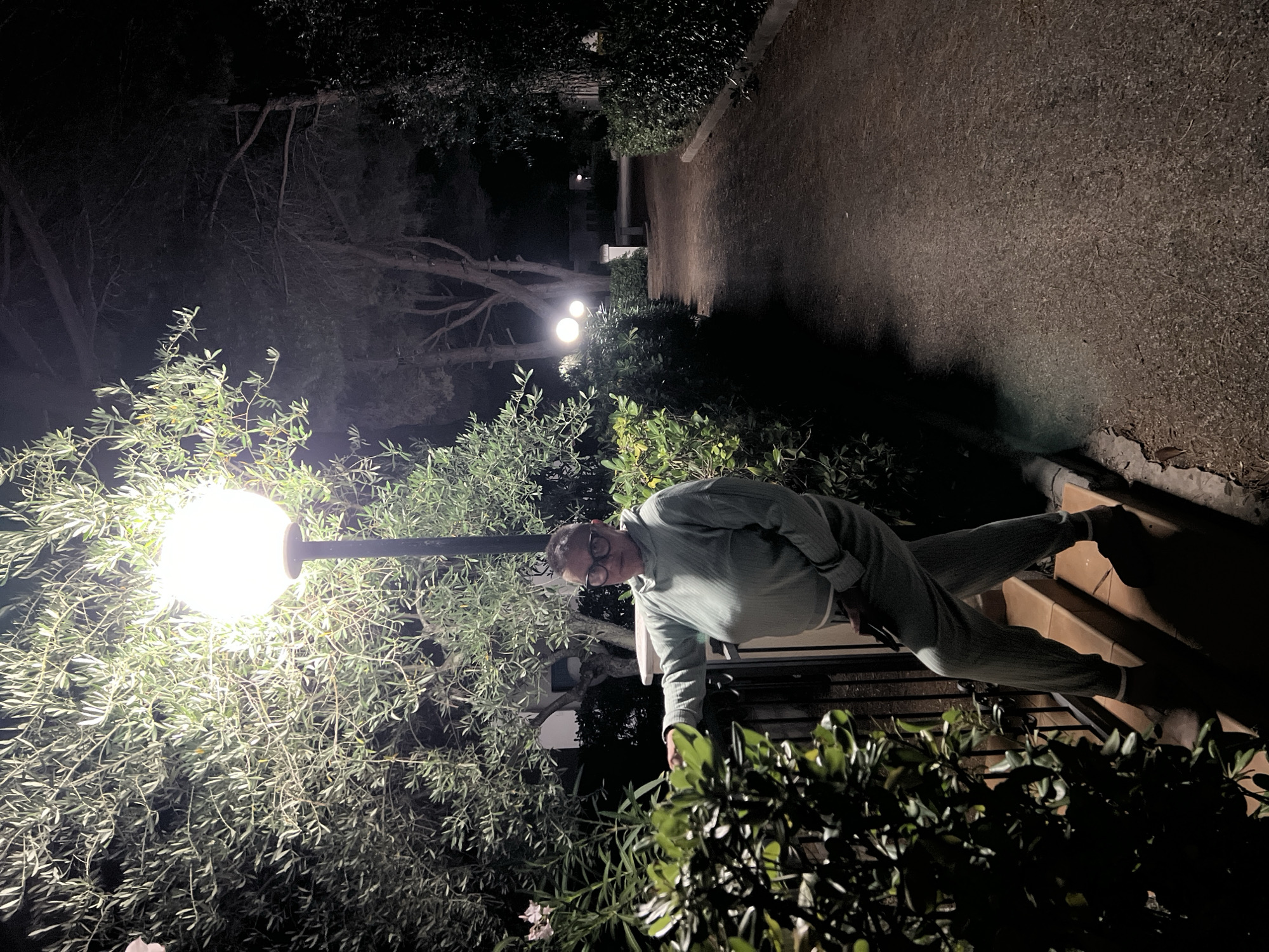A full-body, low-angle shot shows a woman standing on stairs at night, illuminated by a streetlamp. She is wearing a light green hooded tracksuit and glasses. The woman is looking directly at the camera with her left hand resting on a black metal railing. In front of her, a dense green hedge blocks part of her body. Behind her, a pathway winds through trees and shrubs, with more streetlamps visible in the distance. The ground is covered in gravel. The scene appears to be in a garden or park setting, possibly within the town of Peschici, Italy, known for its coastal landscape and historical architecture.