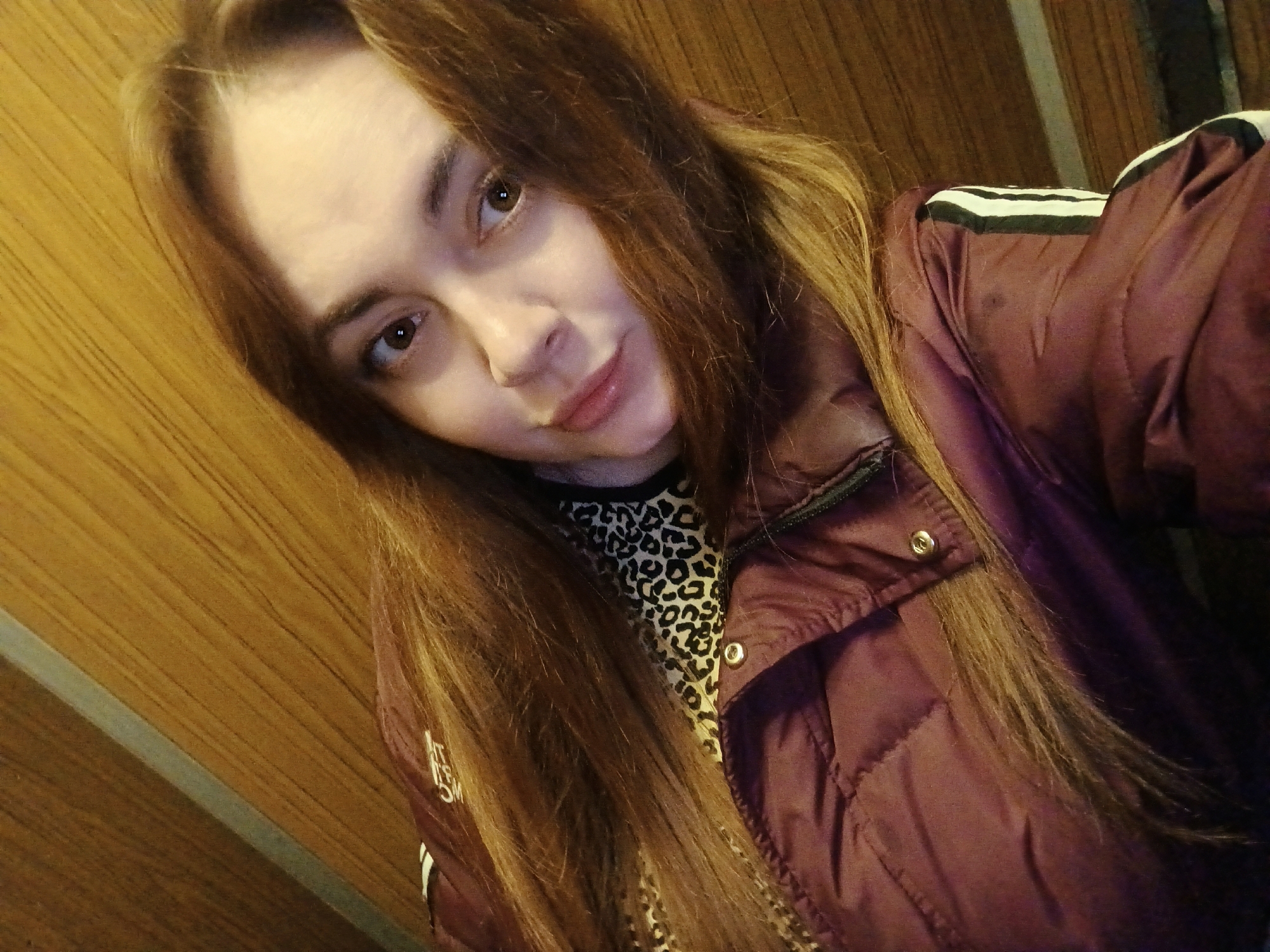 A portrait-style selfie captures a young woman from Chaikovsky, Russia, looking directly at the camera with a calm and gentle expression, her lips slightly parted. Her long, straight to slightly wavy light brown or auburn hair frames her face and extends down over her shoulders, partially obscuring her clothing. She has fair skin and warm brown eyes.
She is wearing a dark red or maroon puffy jacket with white stripes on the shoulder, suggestive of athletic apparel. Beneath the jacket, a black and white leopard print top is visible. On the upper left side of the jacket, there is partial, inverted white text that appears to be a brand logo, possibly "THE NORTH FACE" or similar, but it's hard to decipher completely due to its orientation.
The background consists of light brown wooden paneling with vertical slats, indicating an indoor setting. The lighting is soft and even, and there are no discernible cues about the time of day or outdoor weather. The image has a slightly tilted perspective, characteristic of a handheld self-portrait.