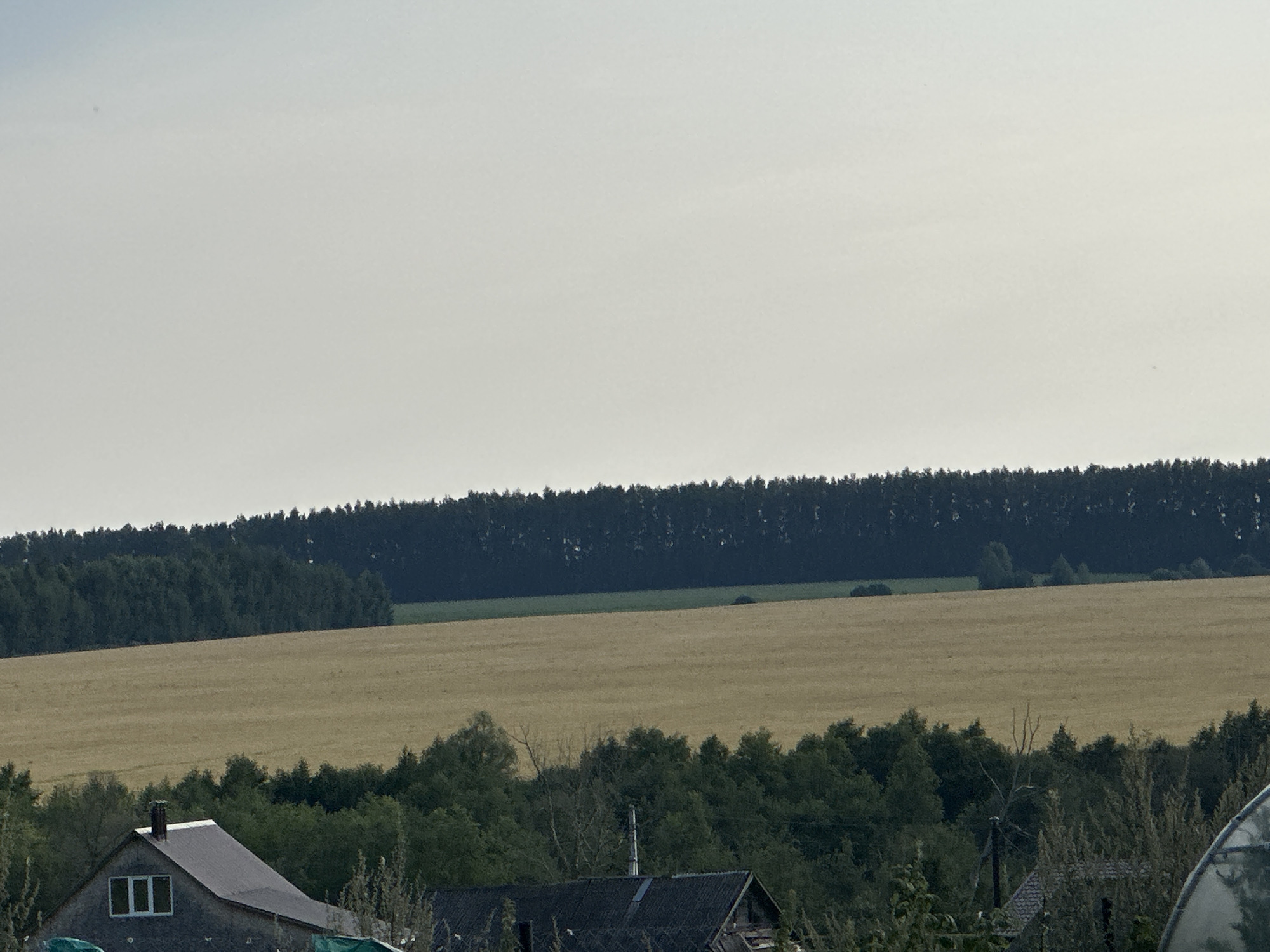 The image shows a rural landscape with a clear sky. In the foreground, there are two houses with dark roofs. One house is partially visible on the left and appears to be a wooden structure with a window and a chimney. The other house, on the right, is mostly obscured by foliage but also has a dark roof. Behind the houses, there is a dense line of trees. Further in the distance, a large field of dry grass or crops is visible, bordered by a dark forest. The overall scene suggests a tranquil, undeveloped area, consistent with a rural setting in the vicinity of Улля, Russia.