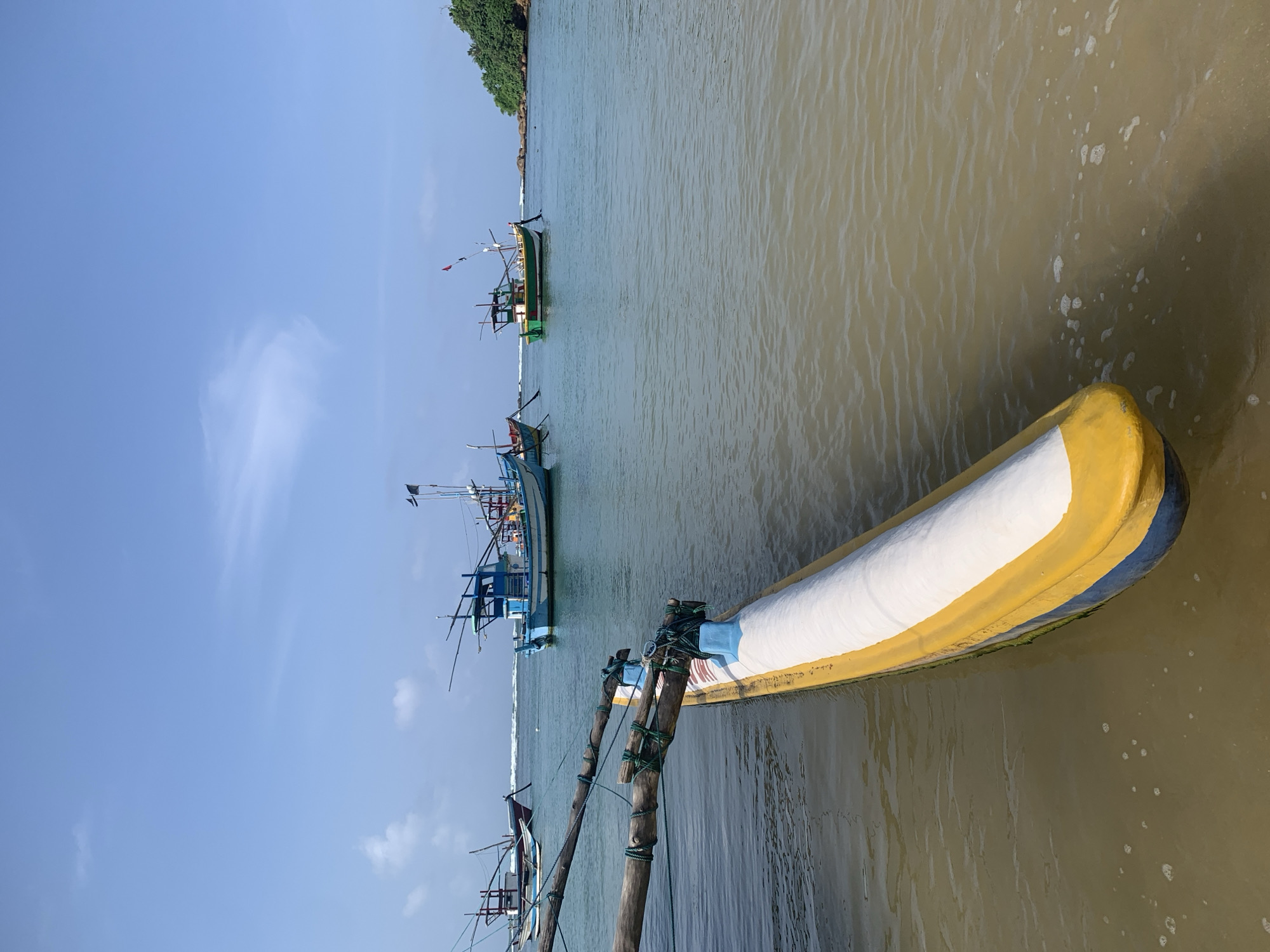 The image depicts a serene coastal scene in Mirissa, Sri Lanka, with a focus on traditional fishing boats. In the foreground, a brightly painted outrigger canoe, featuring yellow, blue, and white hues, rests partially submerged in the shallow, murky water near a sandy shore. Two wooden outriggers extend from the canoe, secured with rope.
In the middle ground, several other fishing boats are anchored in the calm, turquoise ocean. One prominent boat, painted blue with white accents and red trim, has two masts and several flags. Another boat, predominantly green with yellow and white details, also features masts and flags. Further in the background, another fishing boat with a red and white hull is visible. The water shows gentle ripples, suggesting a calm sea.
The horizon is marked by a lush, green headland dotted with trees, which extends into the sea on the right side of the frame. The sky above is a clear, bright blue with a few wispy white clouds. The overall atmosphere is tranquil and indicative of a typical day in a coastal fishing village.