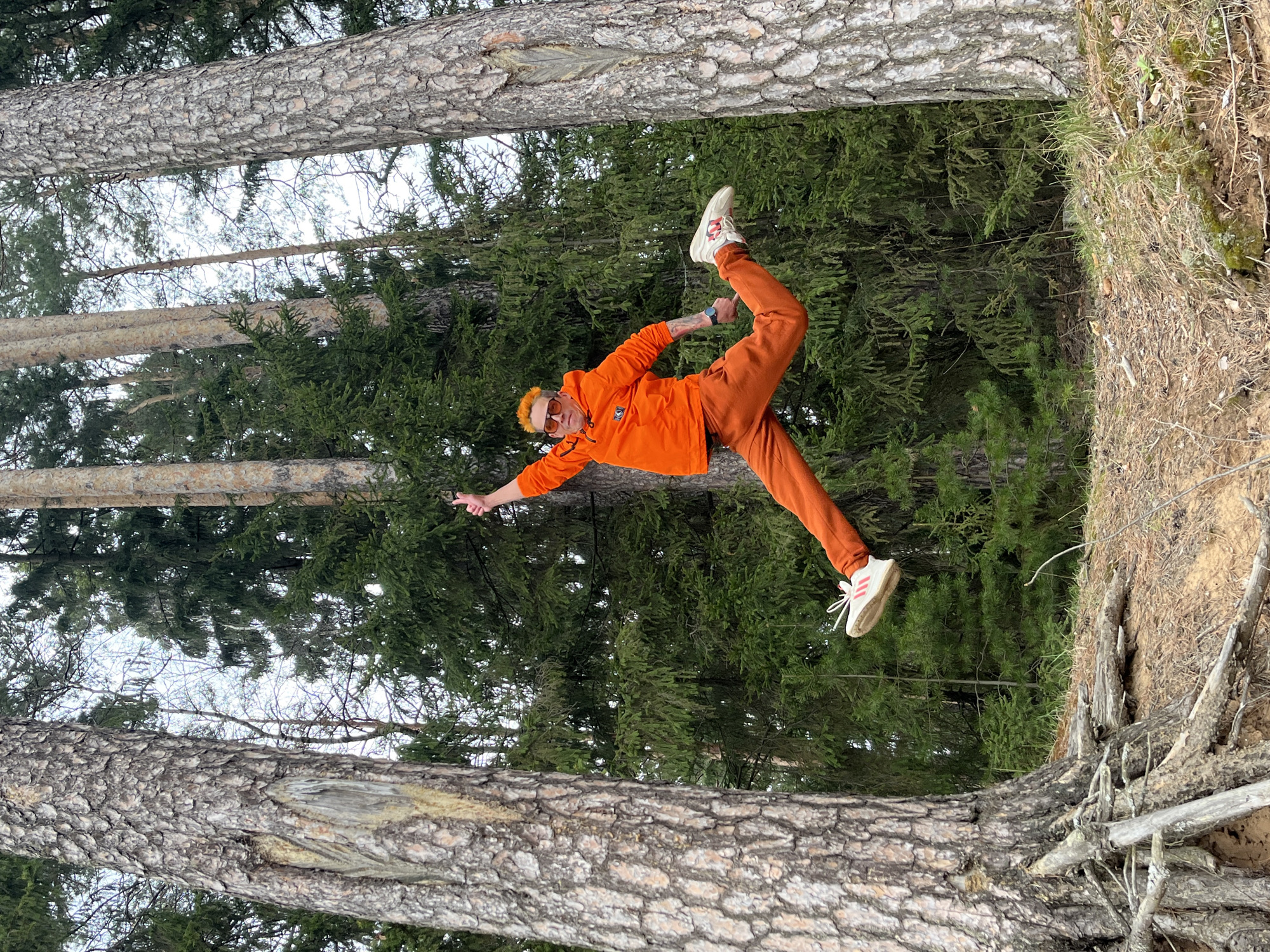 The image, taken in Chaikovsky, Russia, features a person striking a dynamic, acrobatic-like pose in a pine forest. The individual, appearing to be male, is dressed in a vibrant, all-orange ensemble consisting of an orange zip-up jacket with a small white logo on the left chest, and matching orange pants. He wears light-colored sneakers with red stripes, identifiable as Adidas. His hair is dyed a bright orange, and he is accessorized with dark sunglasses and a watch on his left wrist.
The person is depicted leaning against a large tree trunk on the right side of the frame, with his left arm slightly extended. His right leg is bent at the knee and raised high, reaching almost to his shoulder, creating a visually striking and energetic posture. The ground beneath his left foot is an uneven dirt bank covered with dry grass and exposed tree roots. Tall pine trees with distinctive textured bark frame the scene, and a dense evergreen forest fills the background. The lighting suggests it is daytime, possibly under an overcast sky, which provides soft, even illumination. The overall scene conveys a playful and athletic interaction with the natural environment.