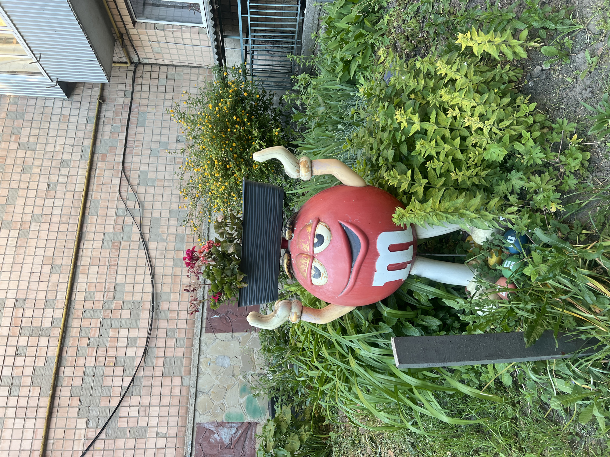 Outside a brick building in Ternopil, Ukraine, a large red M&M character figure is nestled amidst greenery. The figure has an exaggerated facial expression and the letter "M" on its body. It appears to be part of a decorative garden arrangement, surrounded by various plants. A black planter sits near the figure, with some colorful flowers in it. The background includes a building facade with brickwork and stone accents, as well as a metal staircase.