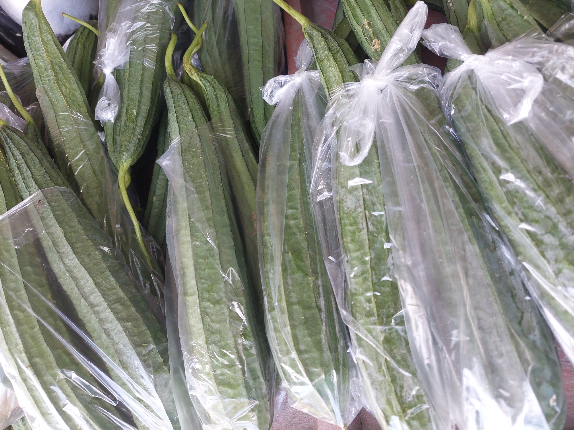A pile of ridge gourds, also known as luffa or Chinese okra, are bundled together in clear plastic bags. The gourds are elongated and ribbed, with a deep green color. They appear to be fresh and ready for sale. The image was taken in a market in Parit Baru, Indonesia.