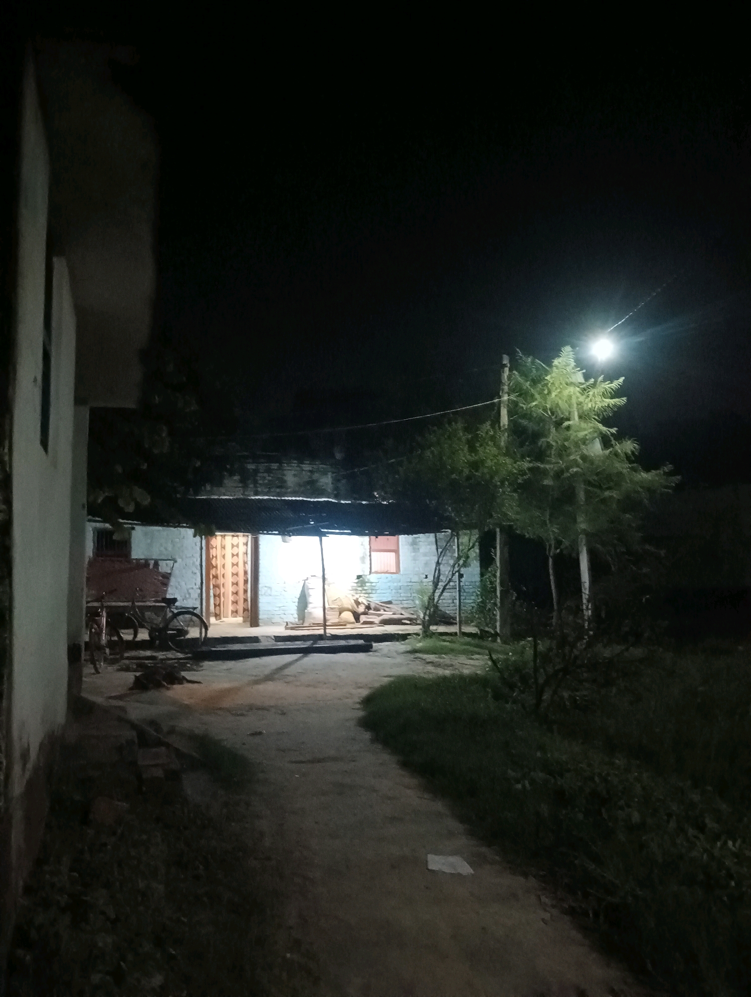 The image depicts an outdoor scene at night, illuminated by a street light. In the foreground, a dirt pathway leads towards a modest, light-colored building with a corrugated metal roof. To the left of the pathway, the side of another building is visible, partially shadowed.
In front of the building, a wooden cart with red detailing and two bicycles are parked. A person, partially obscured, is visible standing near the entrance of the building. Inside the building, a light source emanates from an open doorway, revealing the interior. To the right of the building, a tree with dense foliage is illuminated by the street light. The surrounding area appears to be a rural or semi-rural setting, likely in the city of Kesari, India, given the context provided. The overall atmosphere is tranquil and nocturnal.