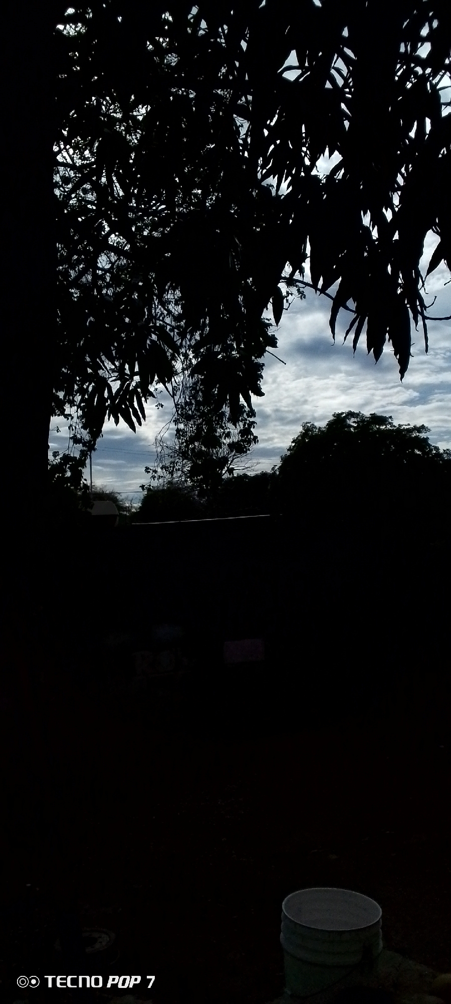 This is a vertical, medium-shot, high-angle photograph taken outdoors in Altagracia, Venezuela. The image captures a dark, silhouetted scene dominated by the branches and leaves of trees in the foreground and middle ground. The leaves are backlit by a cloudy sky, creating a strong contrast between the dark foliage and the brighter sky. In the distance, the dark shapes of other trees and possibly some structures are visible. The bottom right of the image features a part of a white bucket. The lower left corner of the image contains a watermark that reads "TECNO POP 7". The overall mood is somber and atmospheric, possibly indicating dusk or overcast conditions.