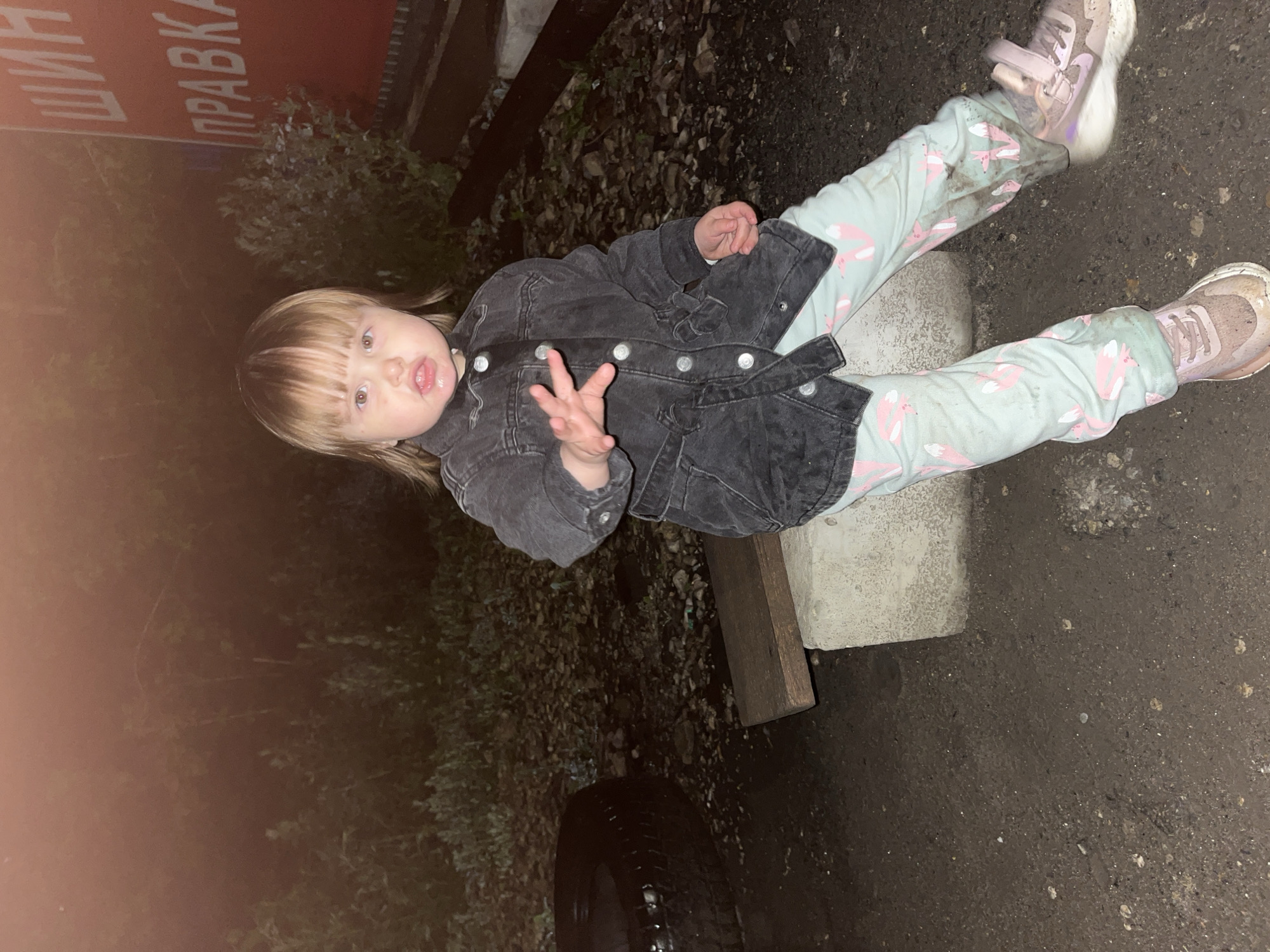A young child sits atop a concrete block outdoors. She is wearing a dark denim jacket, light blue pants with pink flamingo patterns, and light pink sneakers, all with visible dirt smudges. She is looking at the camera with an open mouth and holding up four fingers. The scene includes a tire to the lower left, gravel and foliage in the background, and a building with the word "ПРАВКА" visible on the side. This is in Novokuybyshevsk, Russia.