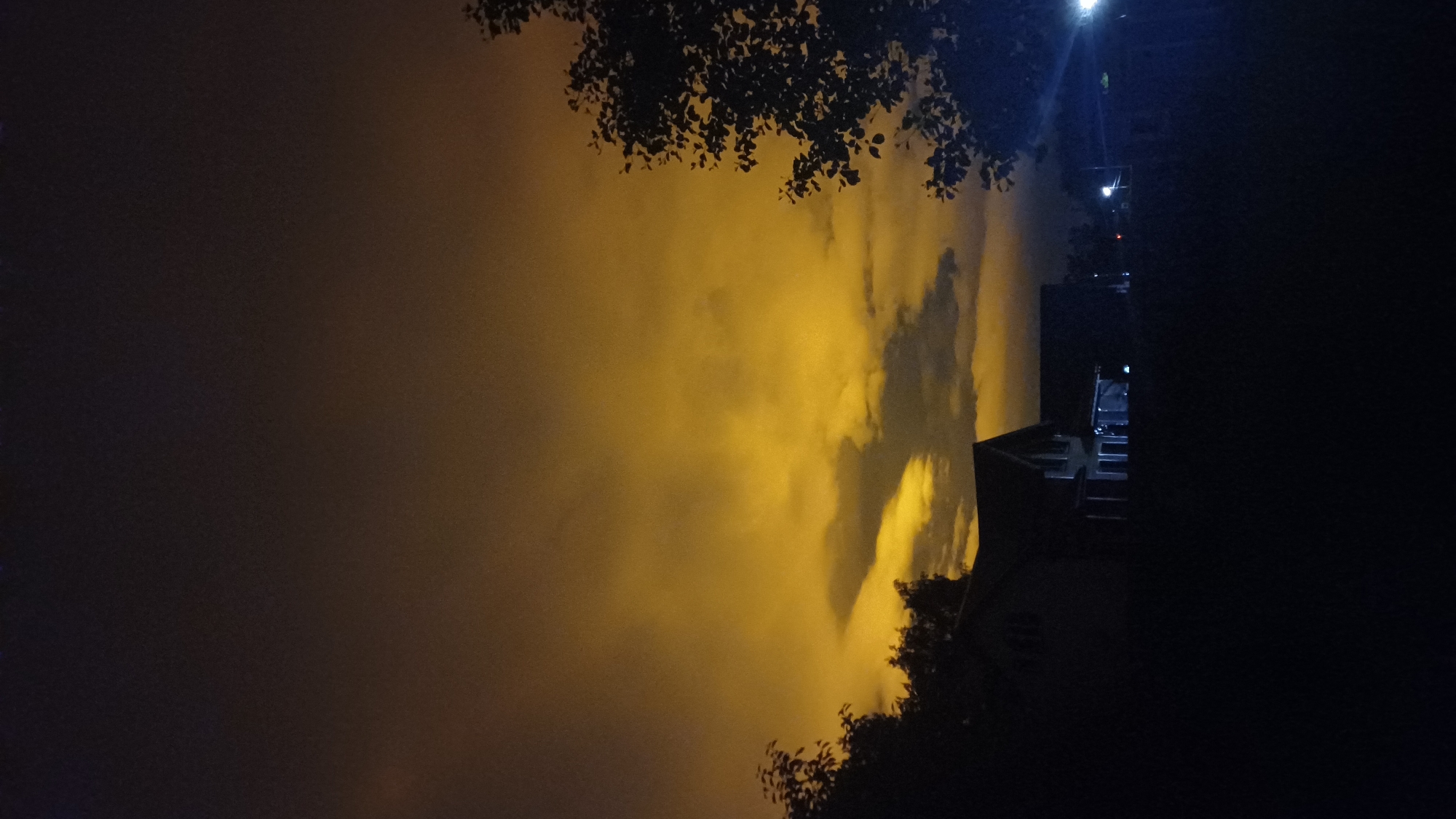 The image depicts a night scene in what appears to be a residential area of Timokhovo, Russia. The sky is filled with a thick, yellow-tinged fog or smog, possibly illuminated by artificial lights. The silhouette of a building can be seen against the illuminated sky, and the dark shapes of trees frame the upper and lower edges of the image. A few distant streetlights are visible near the top of the image. There are no people visible in the image.