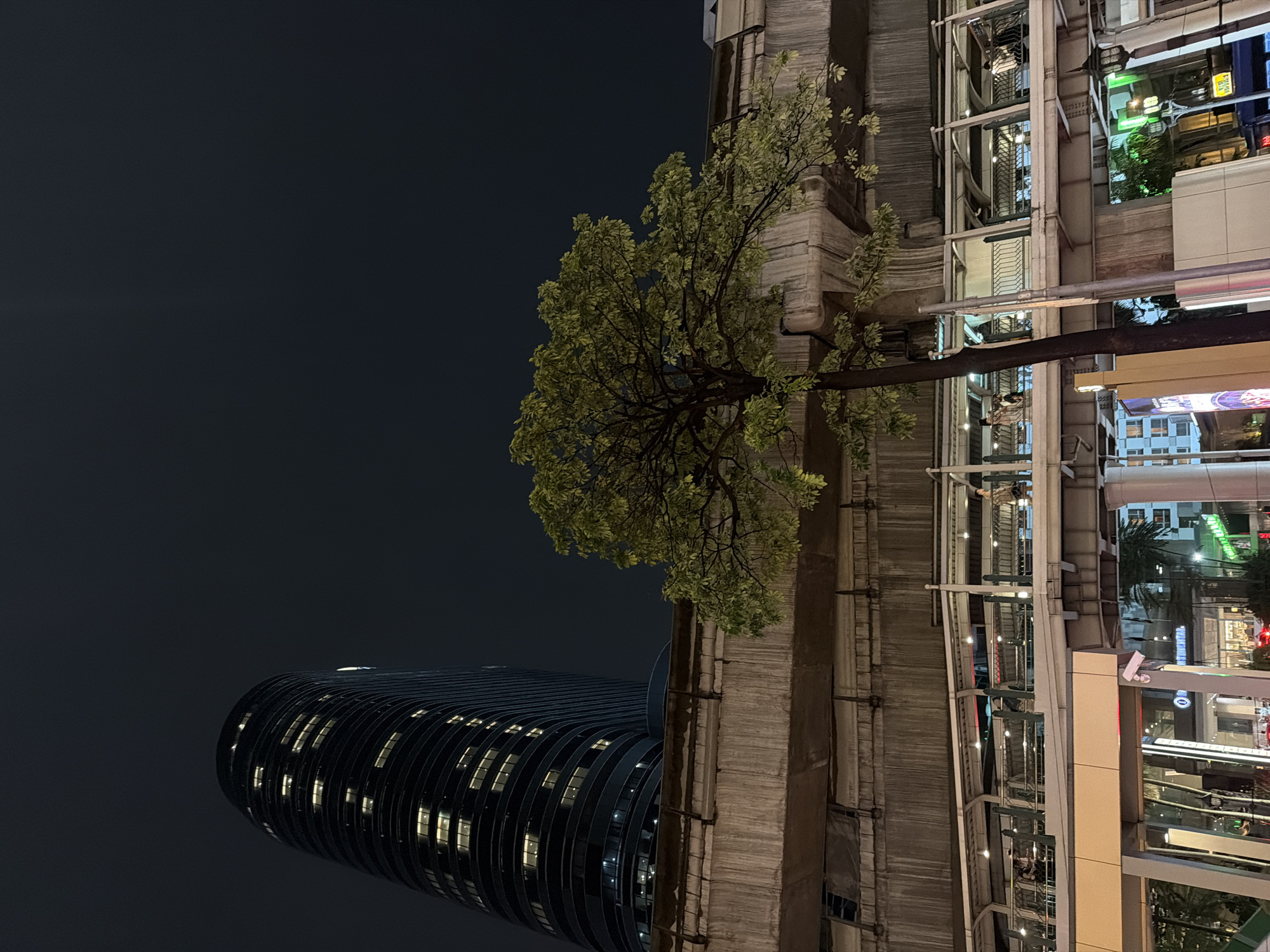The image captures a nighttime scene in Bangkok, Thailand, focusing on an urban elevated walkway and a distinctive curved skyscraper. In the foreground, a large tree with vibrant green foliage stands prominently, its branches reaching towards the elevated structure. The elevated walkway, constructed from concrete and metal, is illuminated by overhead lights, and several indistinct figures can be seen walking along it, some appearing to be waiting or observing. Below the walkway, the facade of a building with glowing windows and signage is visible, suggesting commercial or retail spaces. The skyscraper, a tall, dark, and curved structure with numerous illuminated windows, dominates the background, its architecture contrasting with the organic form of the tree. The overall atmosphere is that of a busy, modern city at night, with a blend of natural elements and artificial structures.