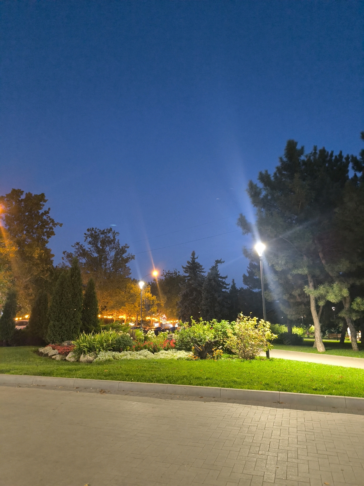 This is a nighttime photograph of a park with a central flowerbed and surrounding trees. The sky is a deep blue, indicating twilight or night. A paved pathway runs across the foreground, leading to a grassy area with a landscaped flowerbed. The flowerbed features a variety of plants, including green foliage, red flowers, and white flowers, bordered by rocks. Several trees, some with autumn foliage, are visible in the background, along with streetlights that illuminate the scene. One lamppost is prominently featured on the right side of the image, casting a bright light. In the far background, a line of trees and some structures are visible, with warm lights suggesting a street or building. A street sign with the number '30' is visible on the right side. No people are clearly visible, though blurred figures might be present in the distance. The overall impression is of a well-lit, tranquil urban park at dusk or after dark. The exact location in Chișinău, Moldova, is not specified.