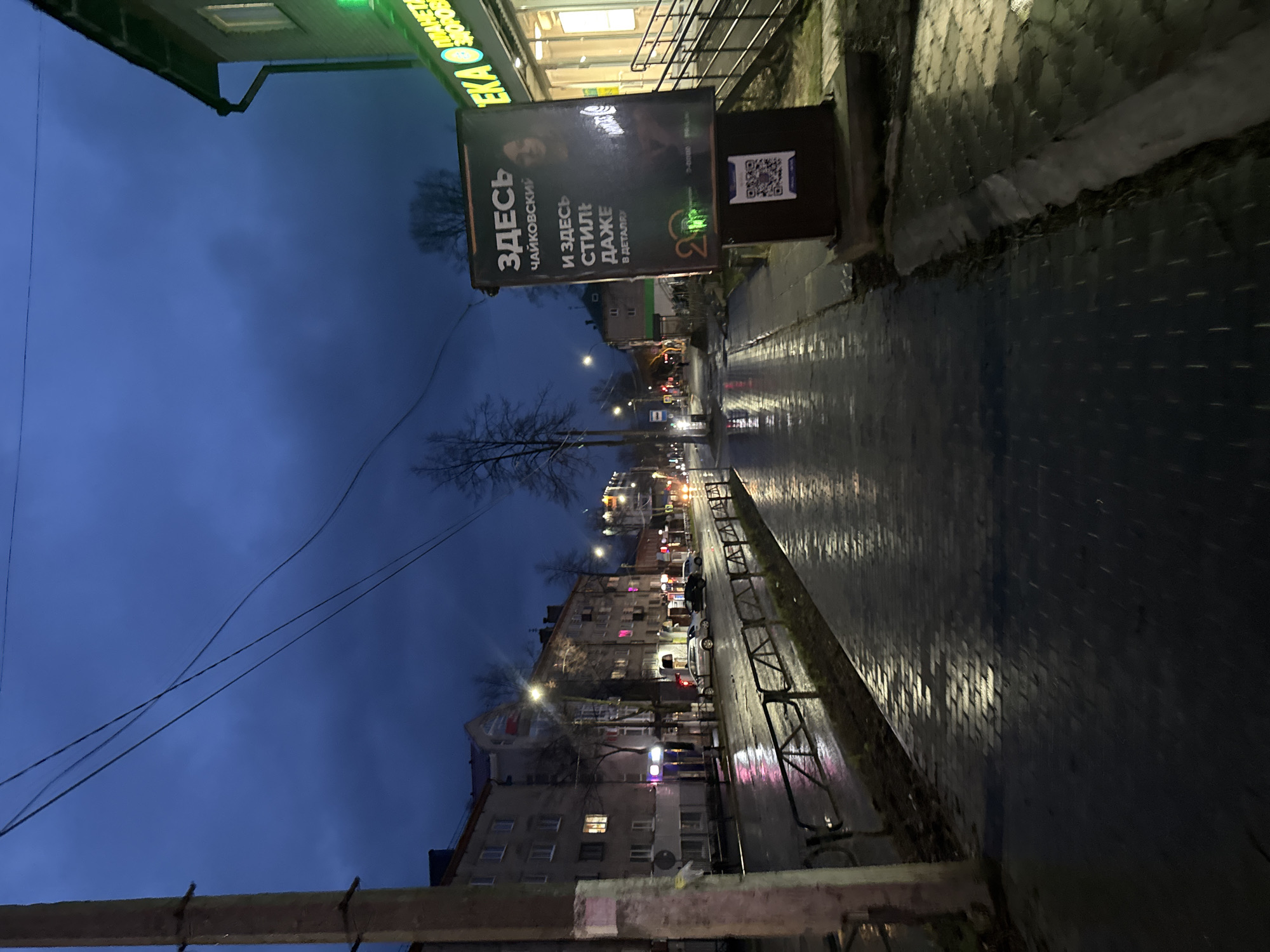 The image depicts an urban street scene at dusk or night, characterized by a dark, overcast sky and wet, reflective surfaces, suggesting recent rain. The view is along a street in Chaikovsky, Russia.
In the foreground and to the right, a dark, paved sidewalk, likely made of tiles, gleams with reflections from distant lights. A dark metal fence or railing runs along the edge of the sidewalk, separating it from the street. The street itself is also wet, mirroring the bright headlights and taillights of vehicles, which appear as streaks of light. Several cars are visible on the street.
Buildings line both sides of the thoroughfare. On the left, multi-story structures, possibly residential or commercial, display illuminated windows, casting warm glows. In the upper left corner, part of a bright green sign with Cyrillic text "ЕКА" is visible on a building.
A prominent billboard stands on the sidewalk in the mid-ground. It features a dark background with an image of a person and large white Cyrillic text that reads: "ЗДЕСЬ ЧАЙКОВСКИЙ И ЗДЕСЬ СТИЛЬ ДАЖЕ В ДЕТАЛЯХ" (HERE CHAIKOVSKY AND HERE STYLE EVEN IN DETAILS). A QR code is also visible on the billboard's support structure, along with a "20" logo and other smaller text. Bare trees, their branches silhouetted, are scattered along the street. Overhead, multiple power lines stretch across the dark blue sky.
The scene conveys a calm, somewhat muted atmosphere of an urban evening, with artificial lights providing the primary illumination and contrasting with the dim sky and dark, wet ground.