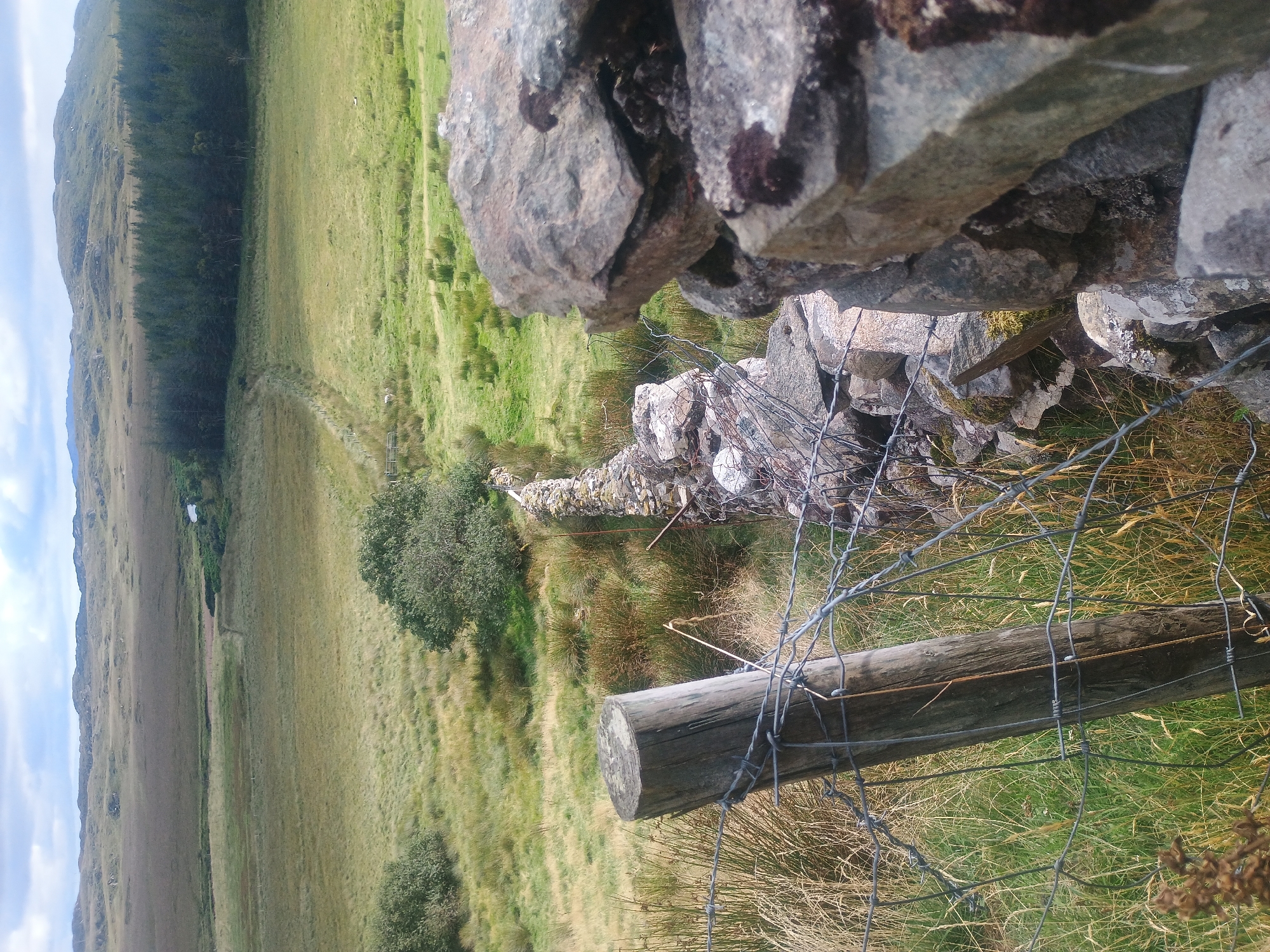 An outdoor, eye-level, vertical, medium shot captures a rustic scene in the city of Unknown, Unknown. In the foreground, a weathered wooden post stands tall, secured by barbed wire fencing that stretches to the right. Beside the fence, a dry-stone wall constructed from irregular stones meanders into the background. The wall is partially covered in moss and lichen, indicating its age.
Beyond the fence and wall, a sprawling grassy field unfolds, dotted with patches of tall, dry reeds and a few scattered bushes. The field slopes gently downwards, leading to a darker, wooded area in the midground. A narrow path, also visible in the midground, winds its way from the left towards the forest. In the distance, a vast, undulating landscape stretches towards the horizon, characterized by rolling hills and a hazy sky. A small, indistinct structure can be seen in the far distance, nestled among the trees. The overall impression is one of a remote, natural landscape.